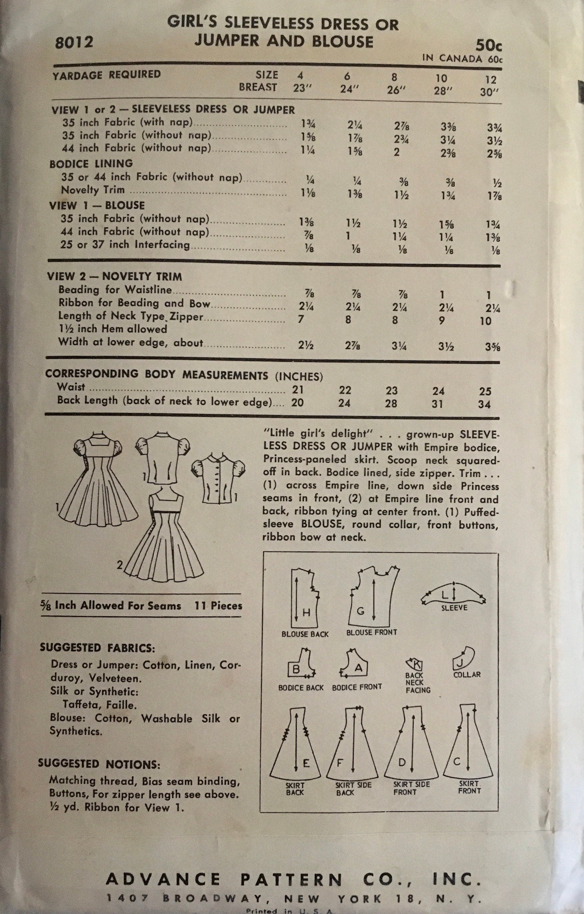 Advance 8012 Sewing Pattern (Vintage) CUT