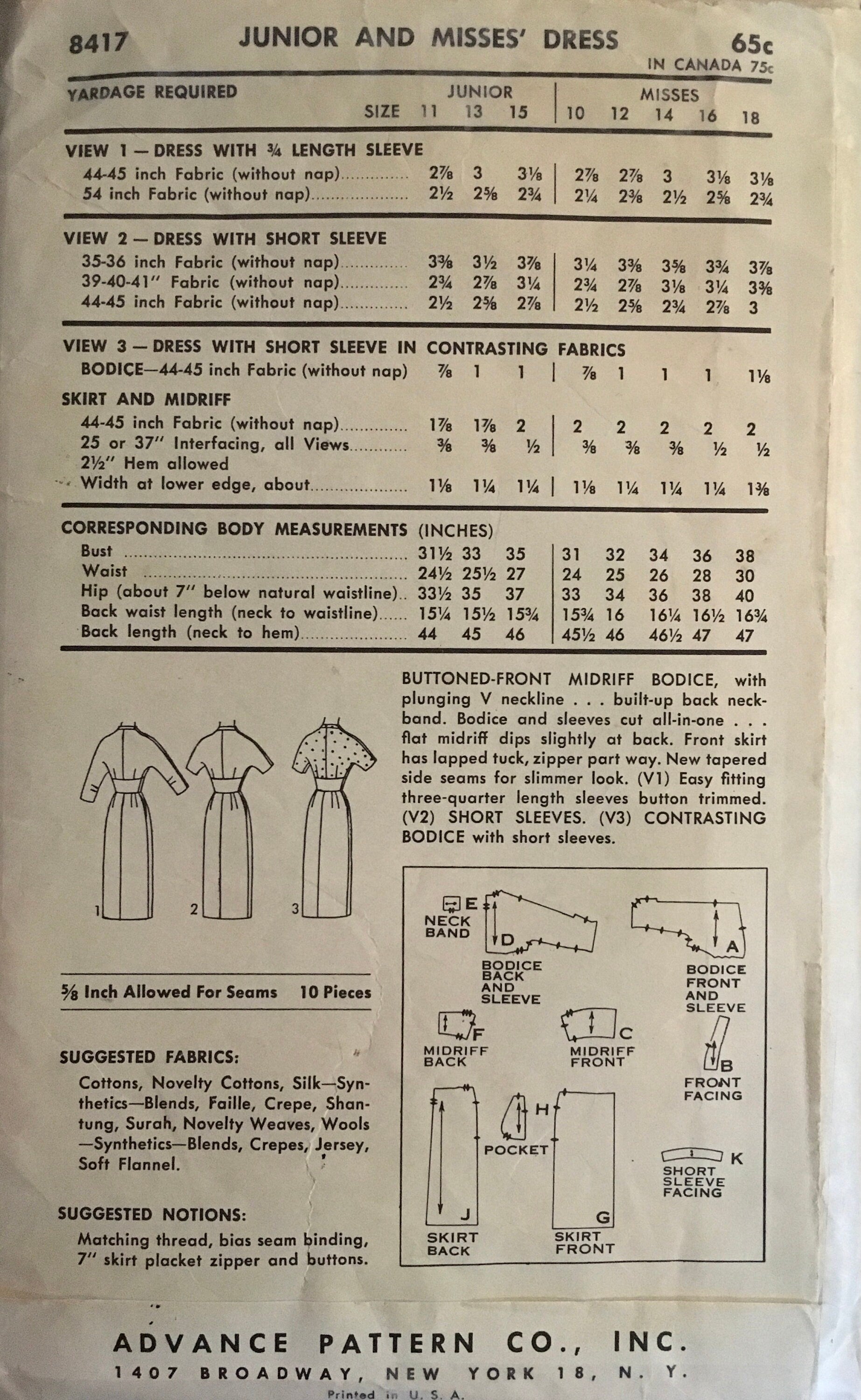 Advance 8417 Sewing Pattern (Vintage) CUT
