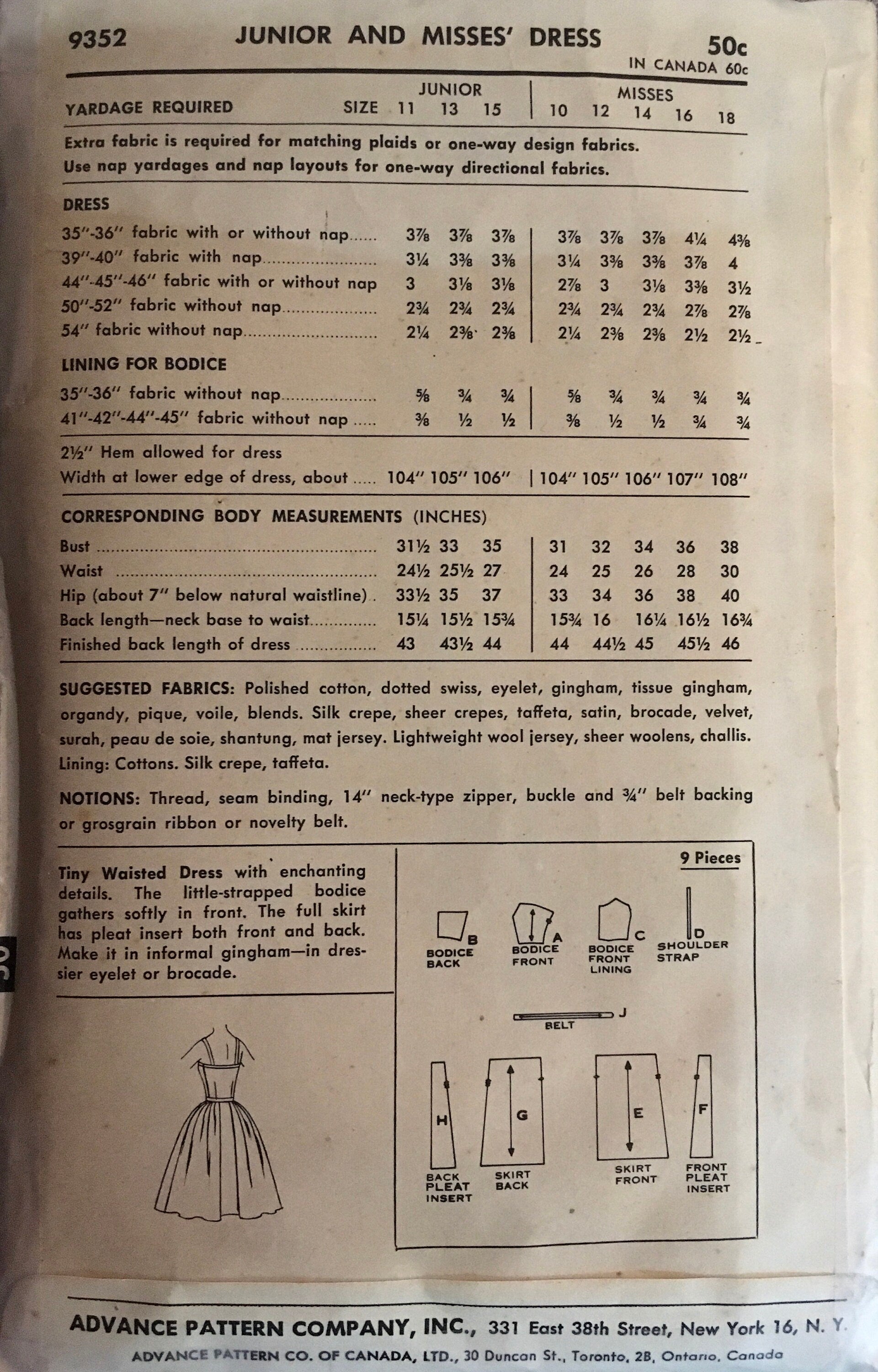 Advance 9352 Sewing Pattern (Vintage) CUT