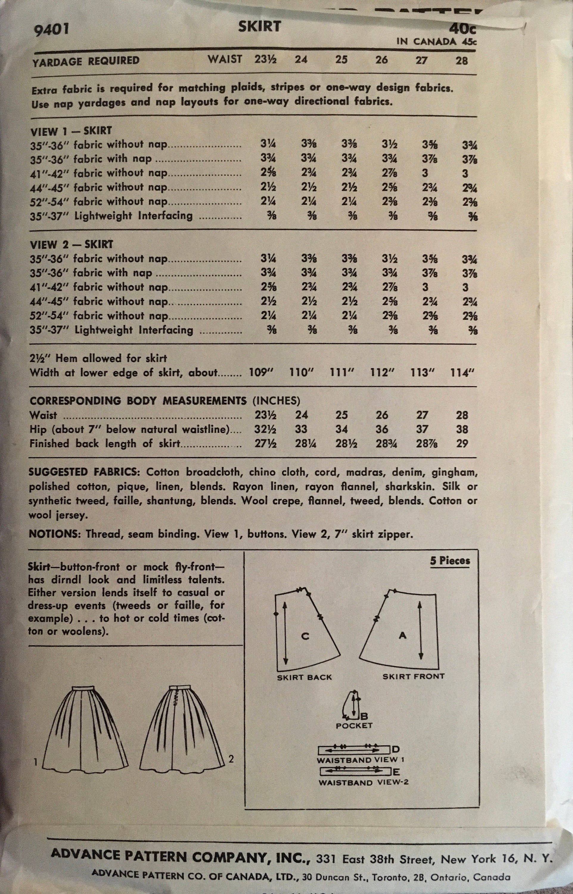Advance 9401 Sewing Pattern (Vintage) UNCUT