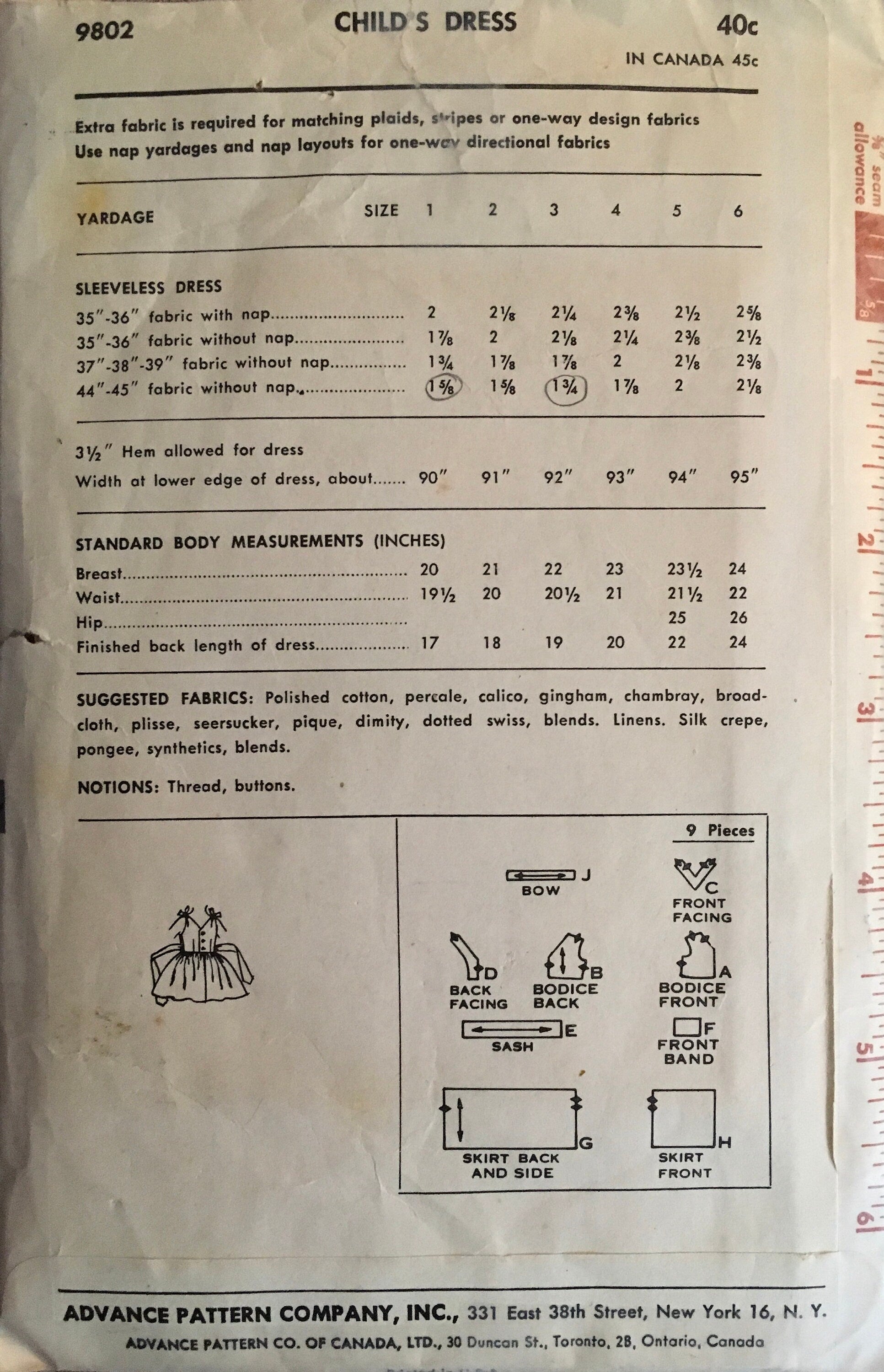 Advance 9802 Sewing Pattern (Vintage) CUT