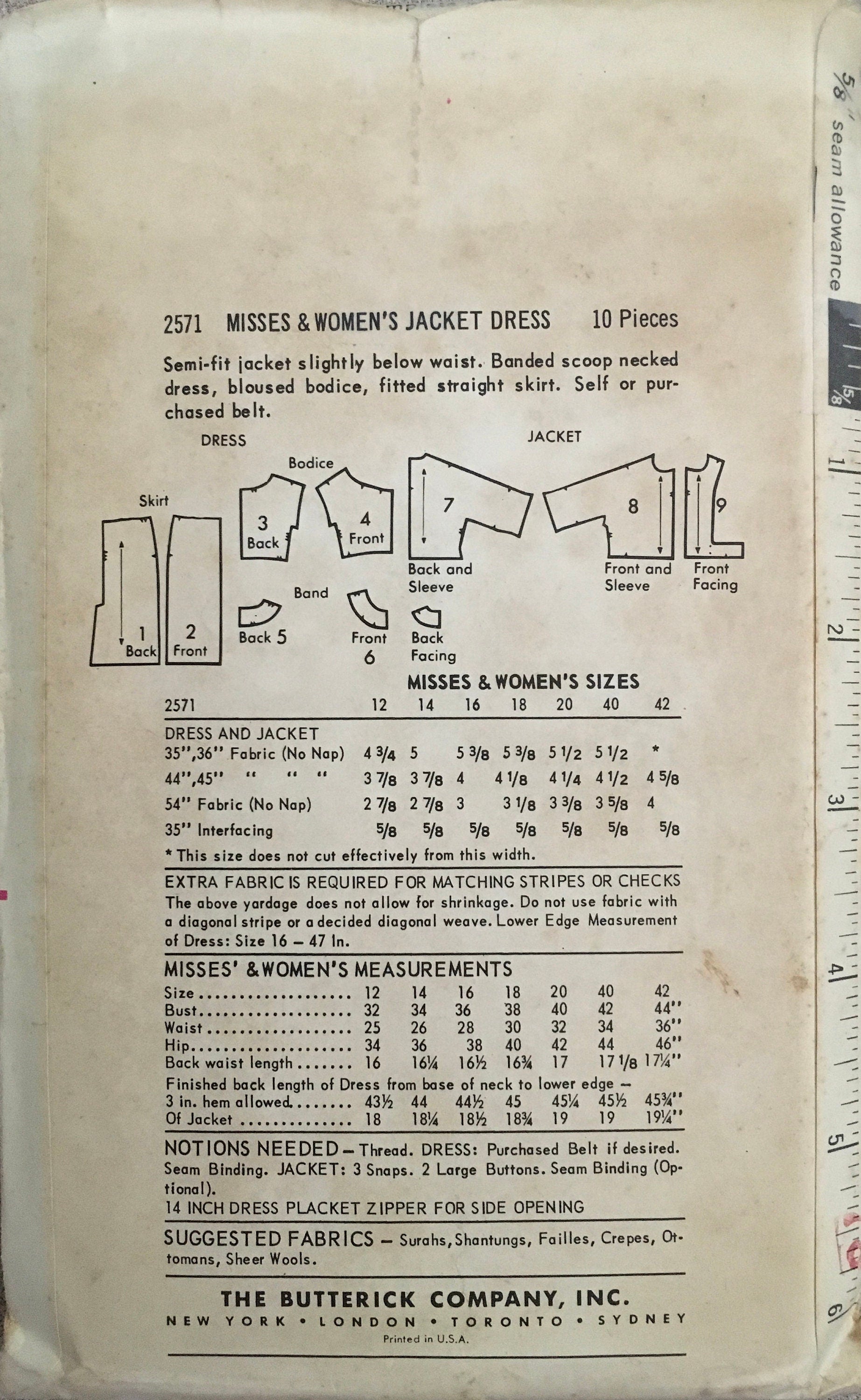 Butterick 2571 Sewing Pattern (Vintage) UNCUT