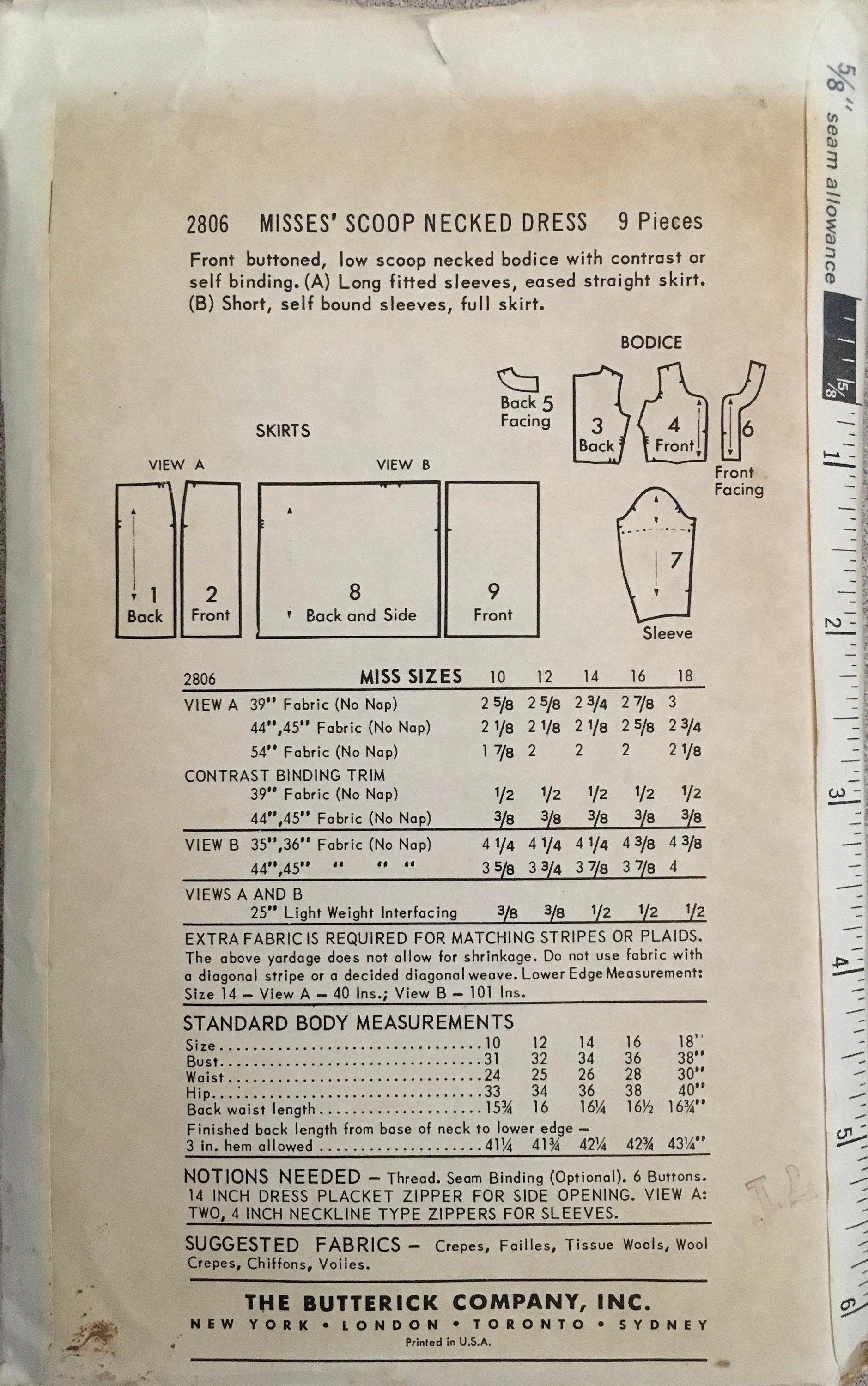 Butterick 2806 Sewing Pattern (Vintage) CUT