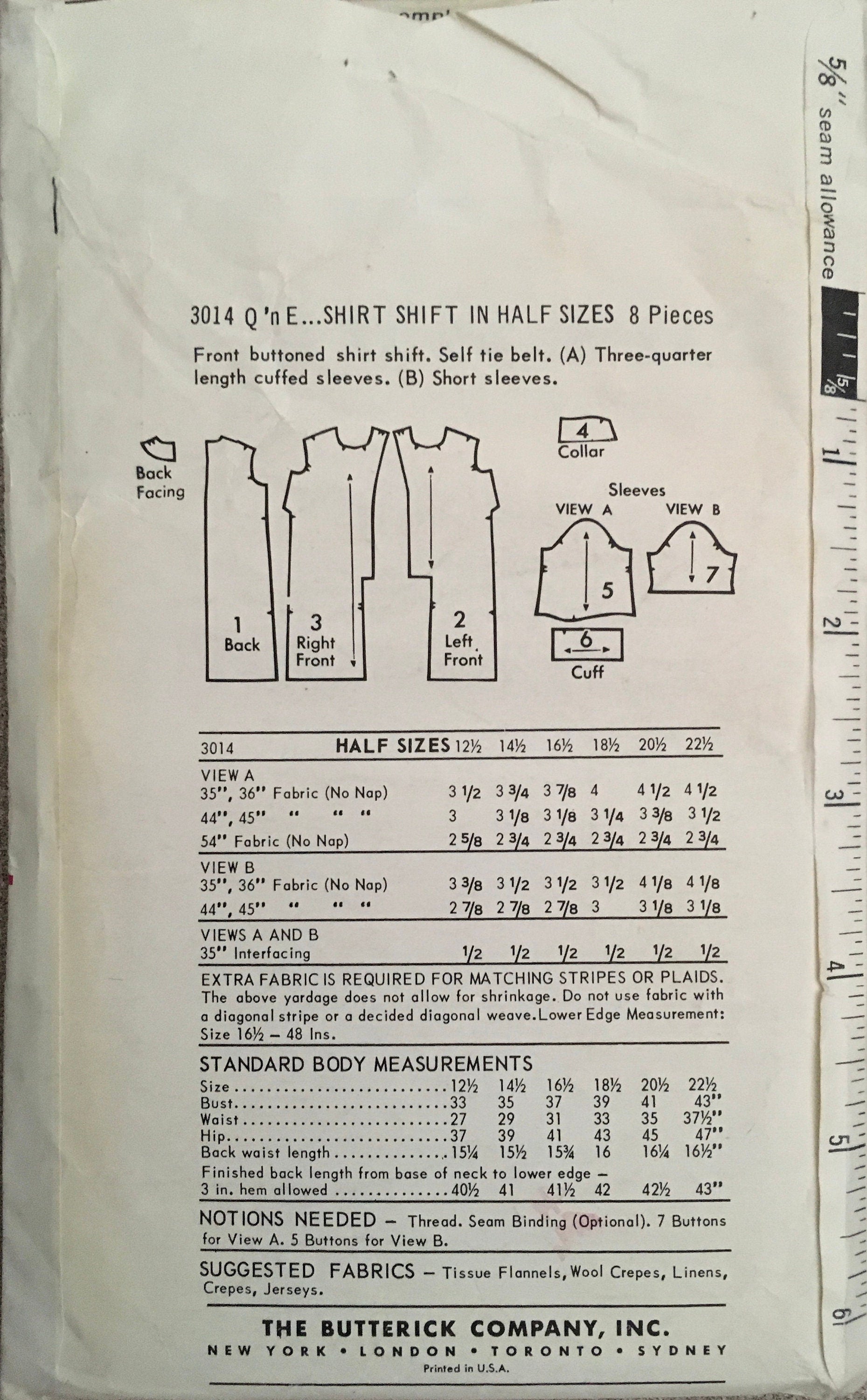 Butterick 3014 Sewing Pattern (Vintage) CUT