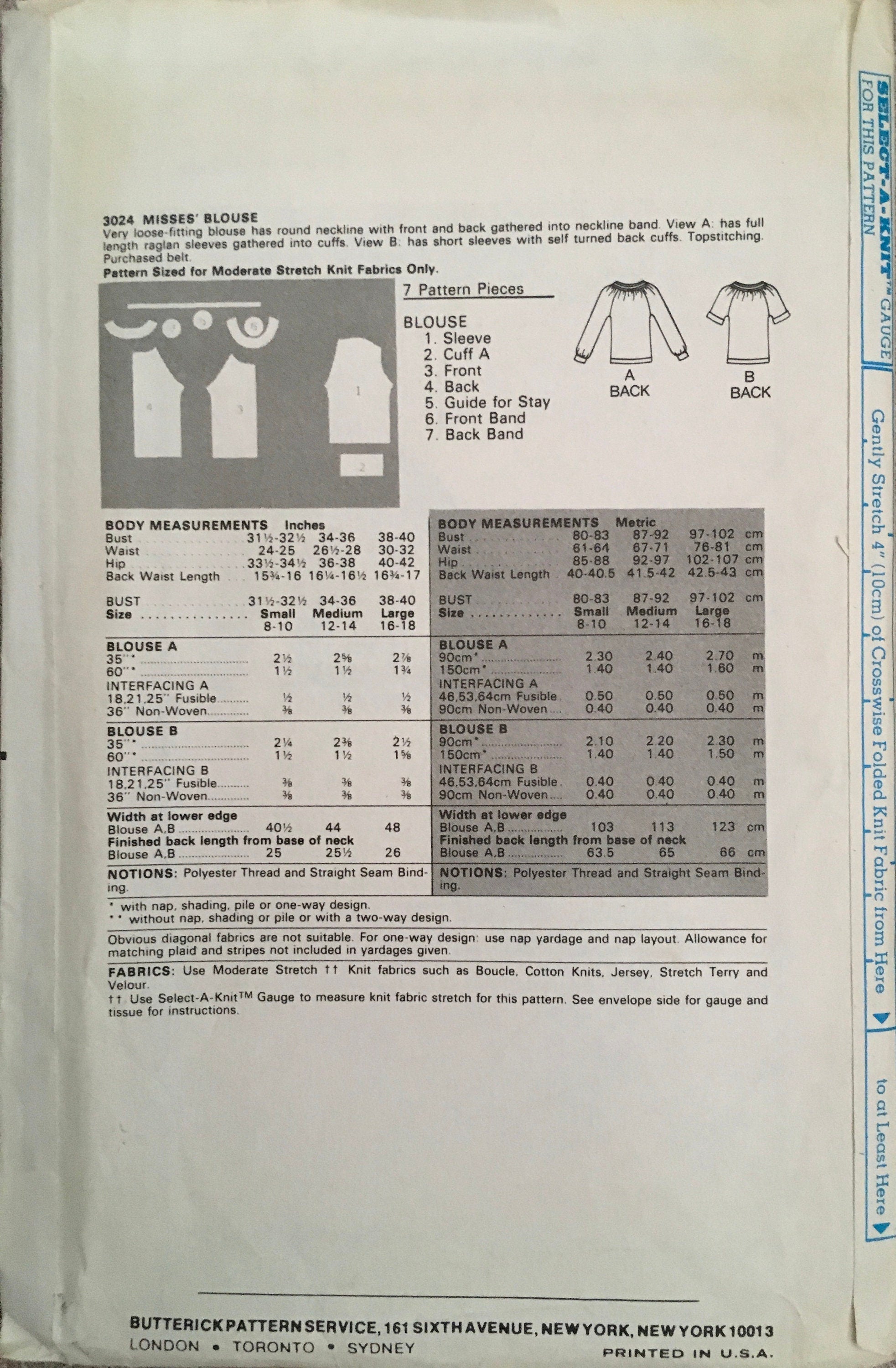 Butterick 3024 Sewing Pattern (Vintage) CUT