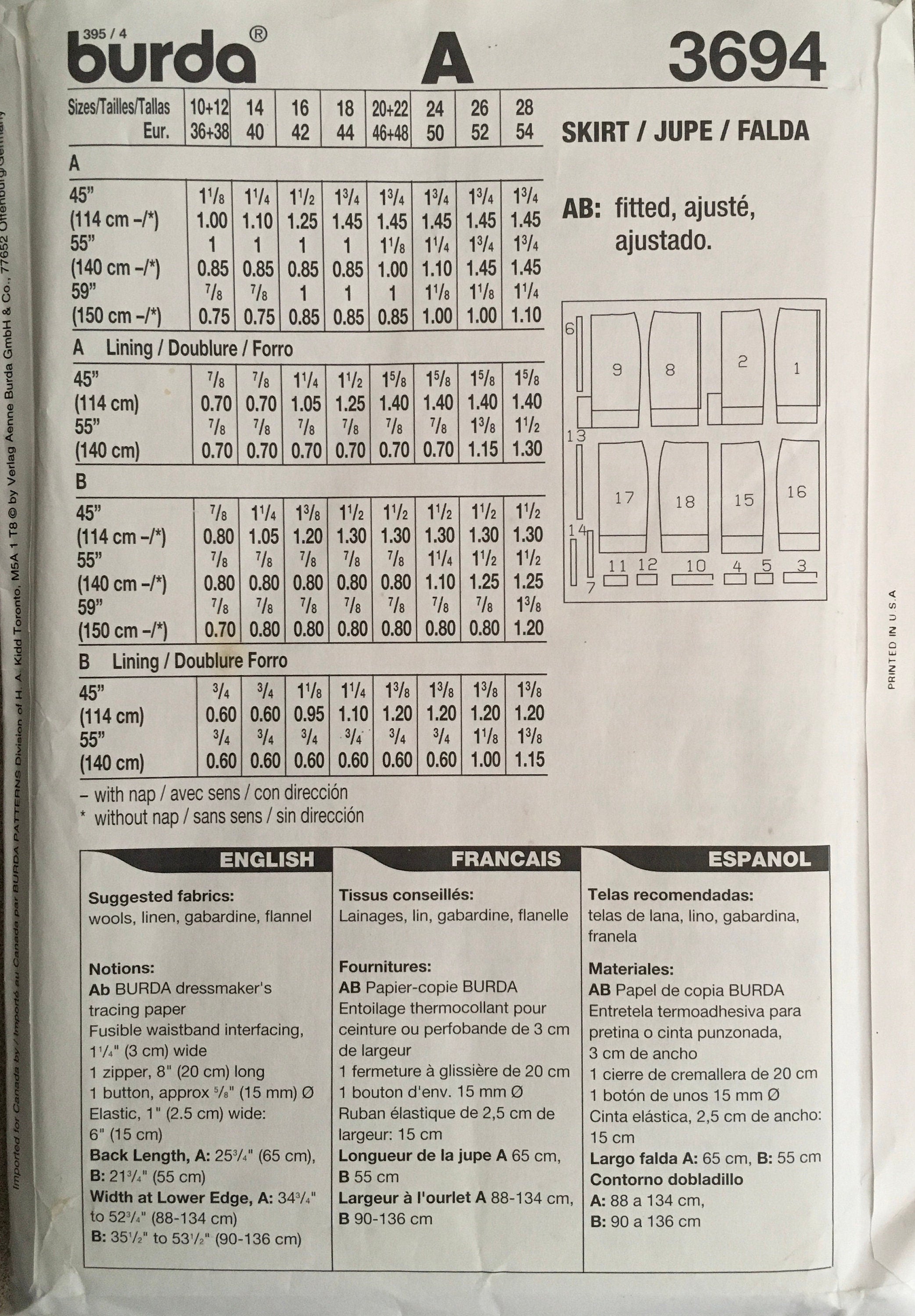 Burda 3694 Sewing Pattern (Vintage) UNCUT