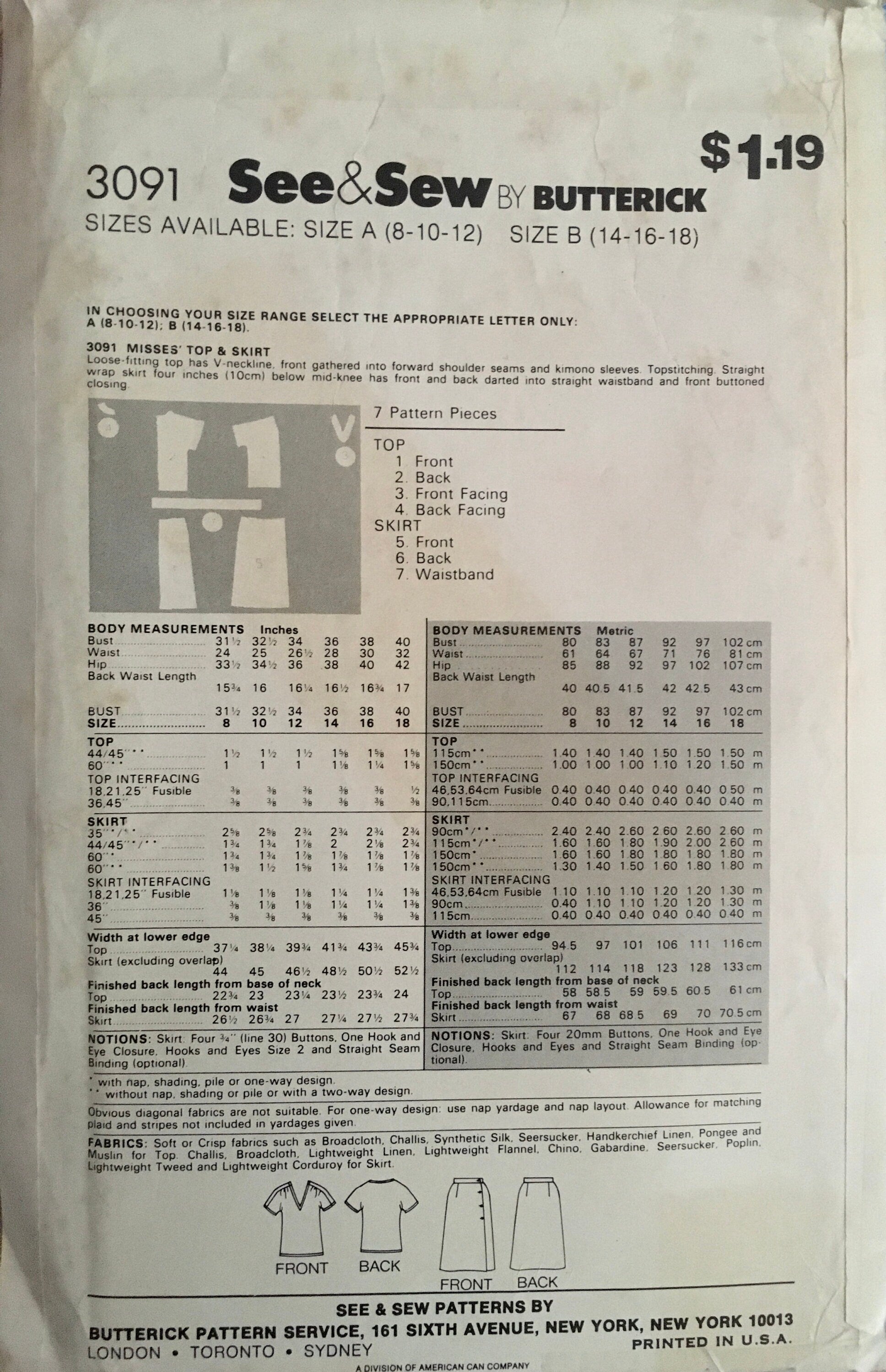See & Sew 3091 Sewing Pattern (Vintage) CUT