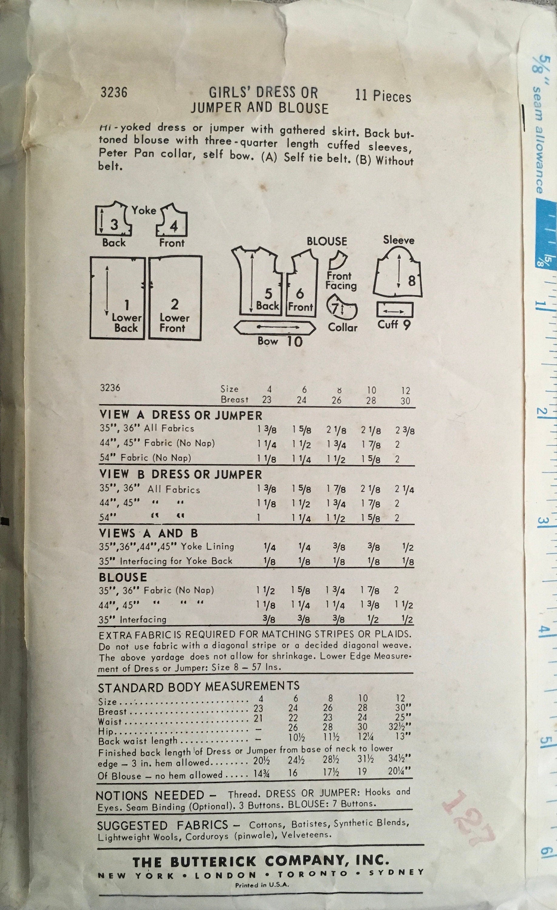 Butterick 3236 Sewing Pattern (Vintage) UNCUT
