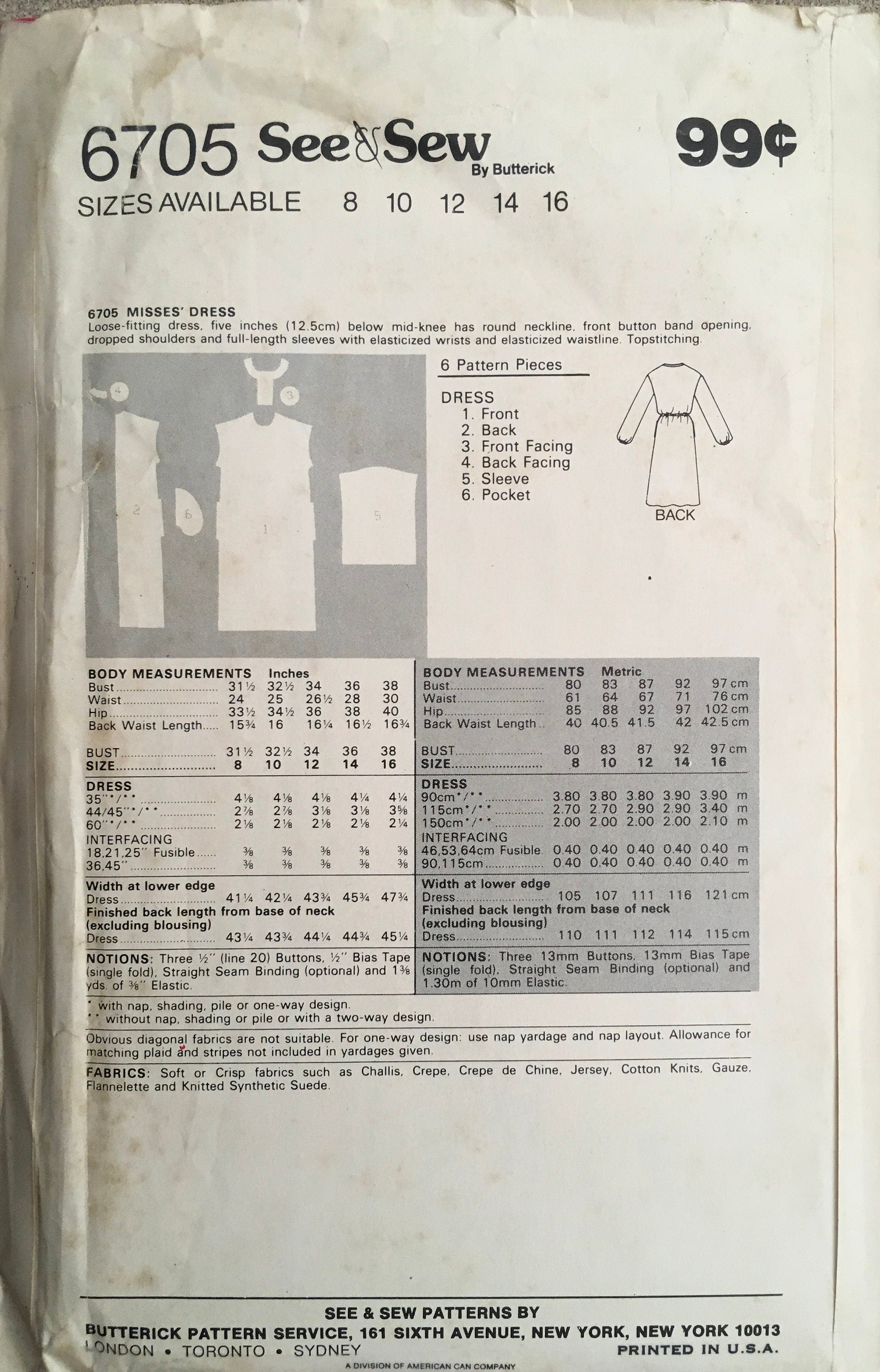 See & Sew 6705 Sewing Pattern (Vintage) UNCUT