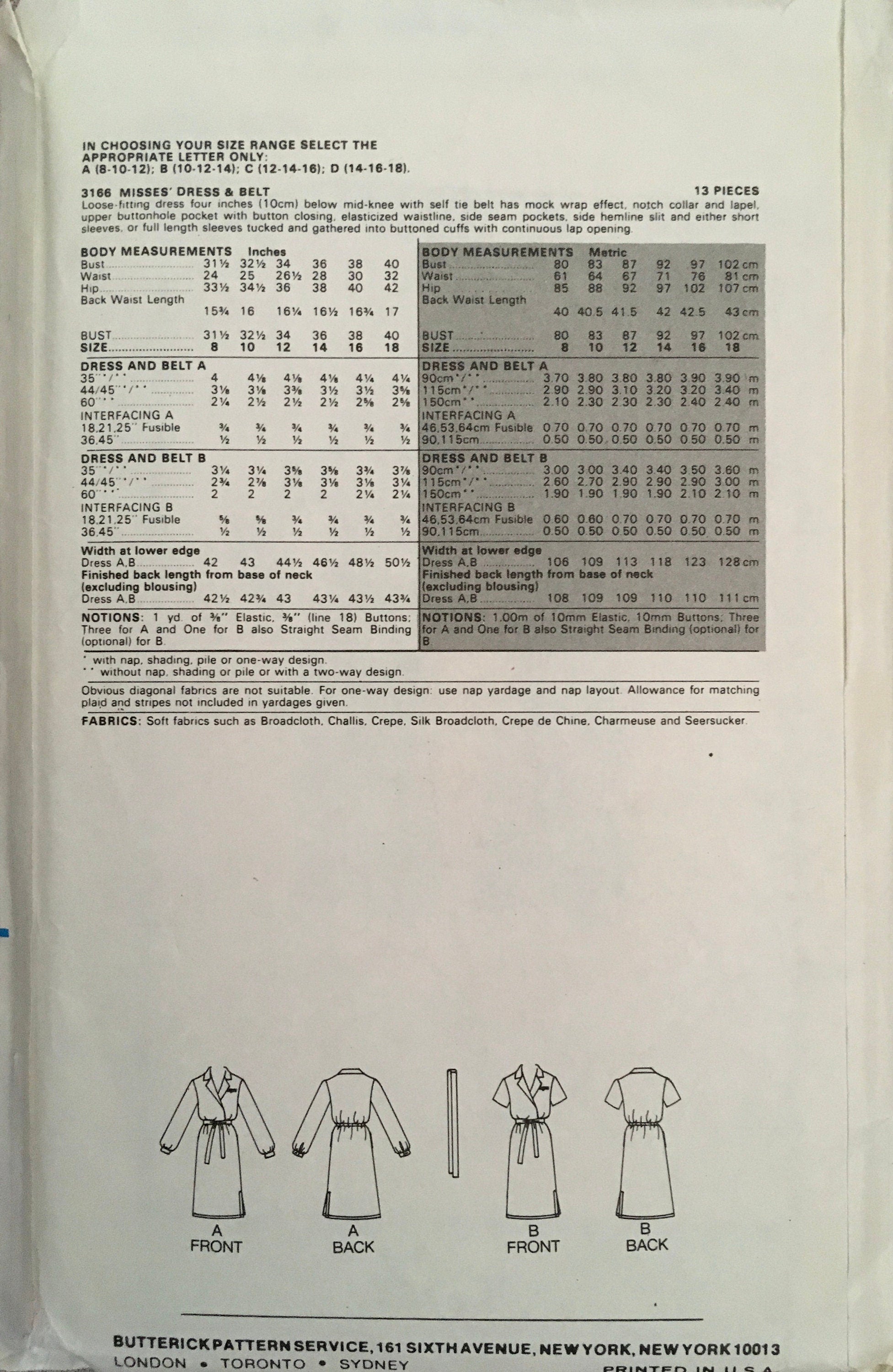 Butterick 3166 Sewing Pattern (Vintage) CUT