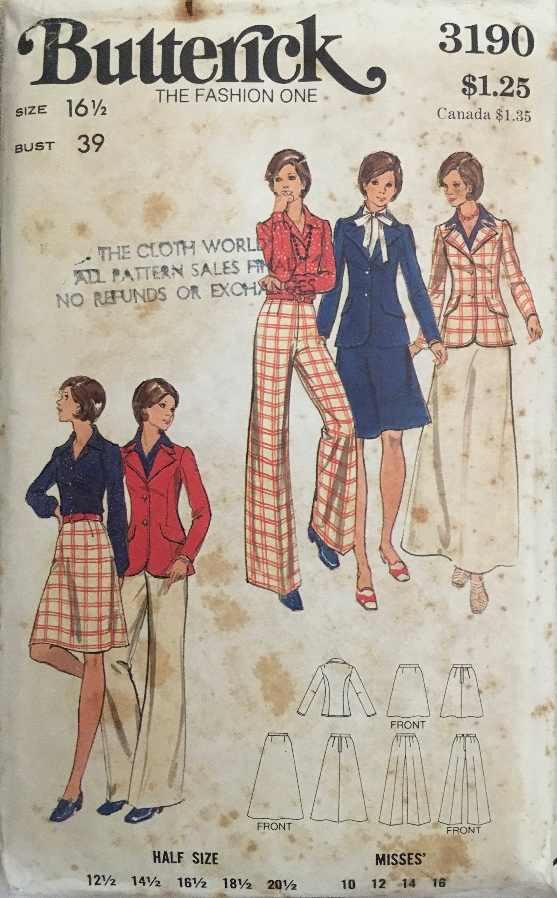 Butterick 3190 Sewing Pattern (Vintage) CUT