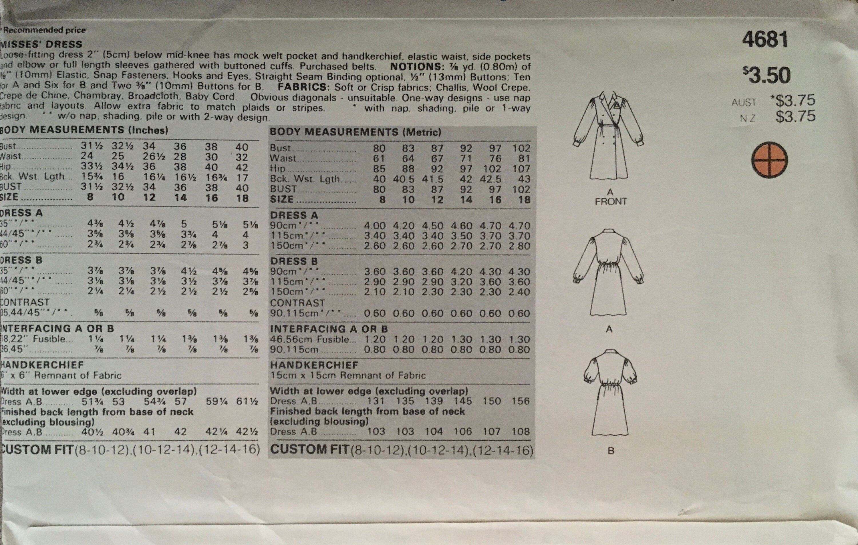 Butterick 4681 Sewing Pattern (Vintage) UNCUT