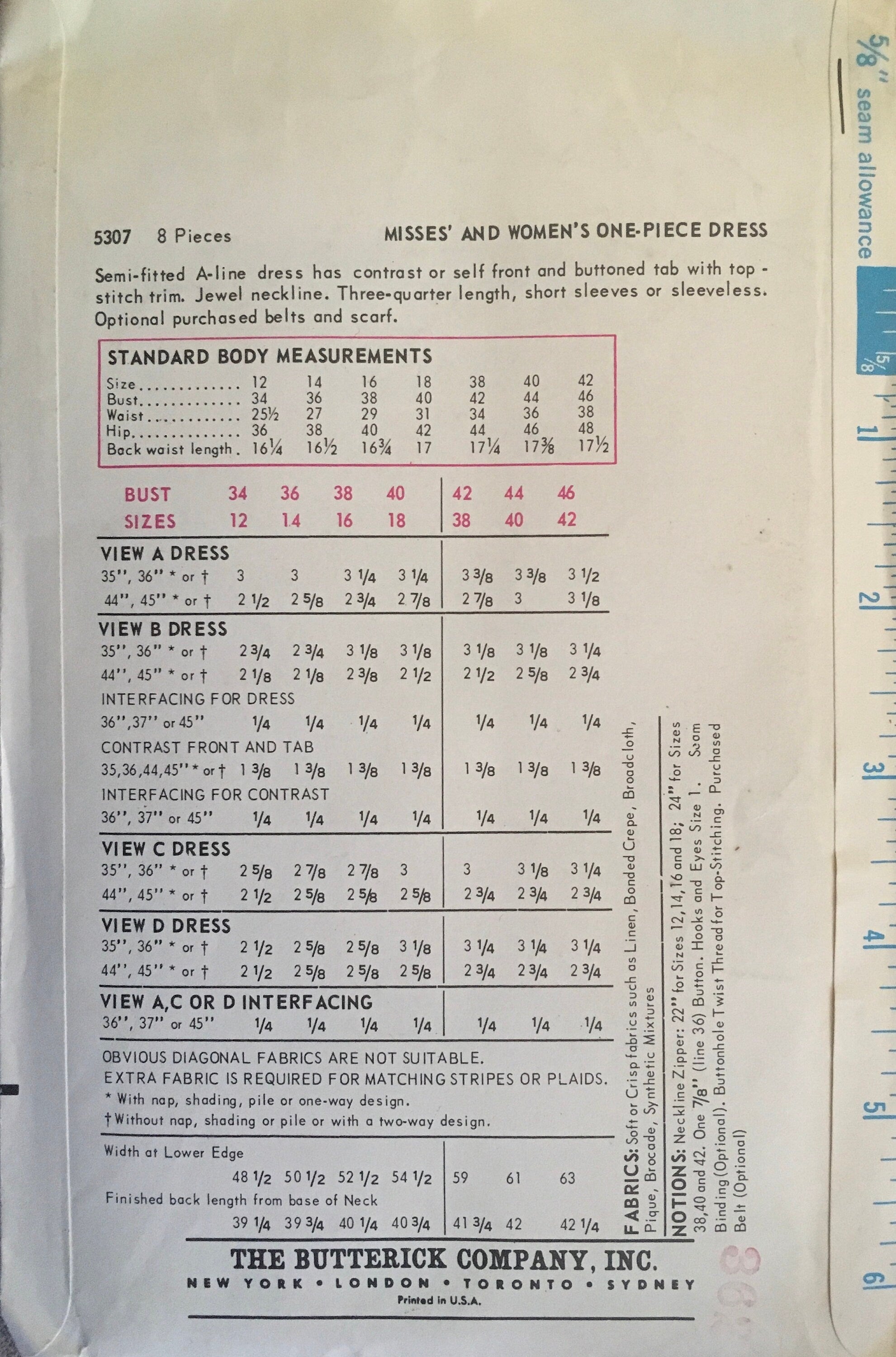 Butterick 5307 Sewing Pattern (Vintage) UNCUT/CUT
