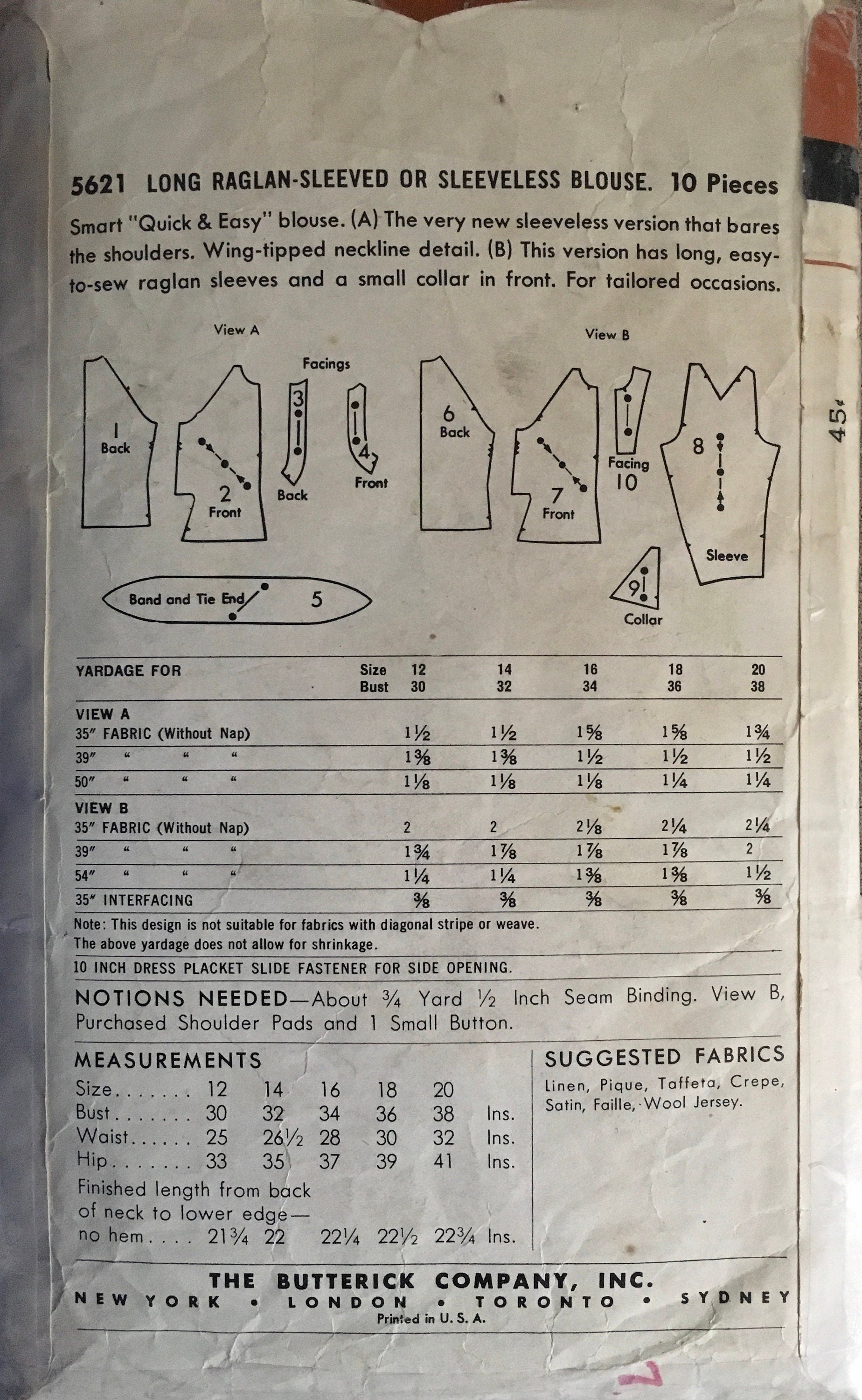 Butterick 5621 Sewing Pattern (Vintage) CUT