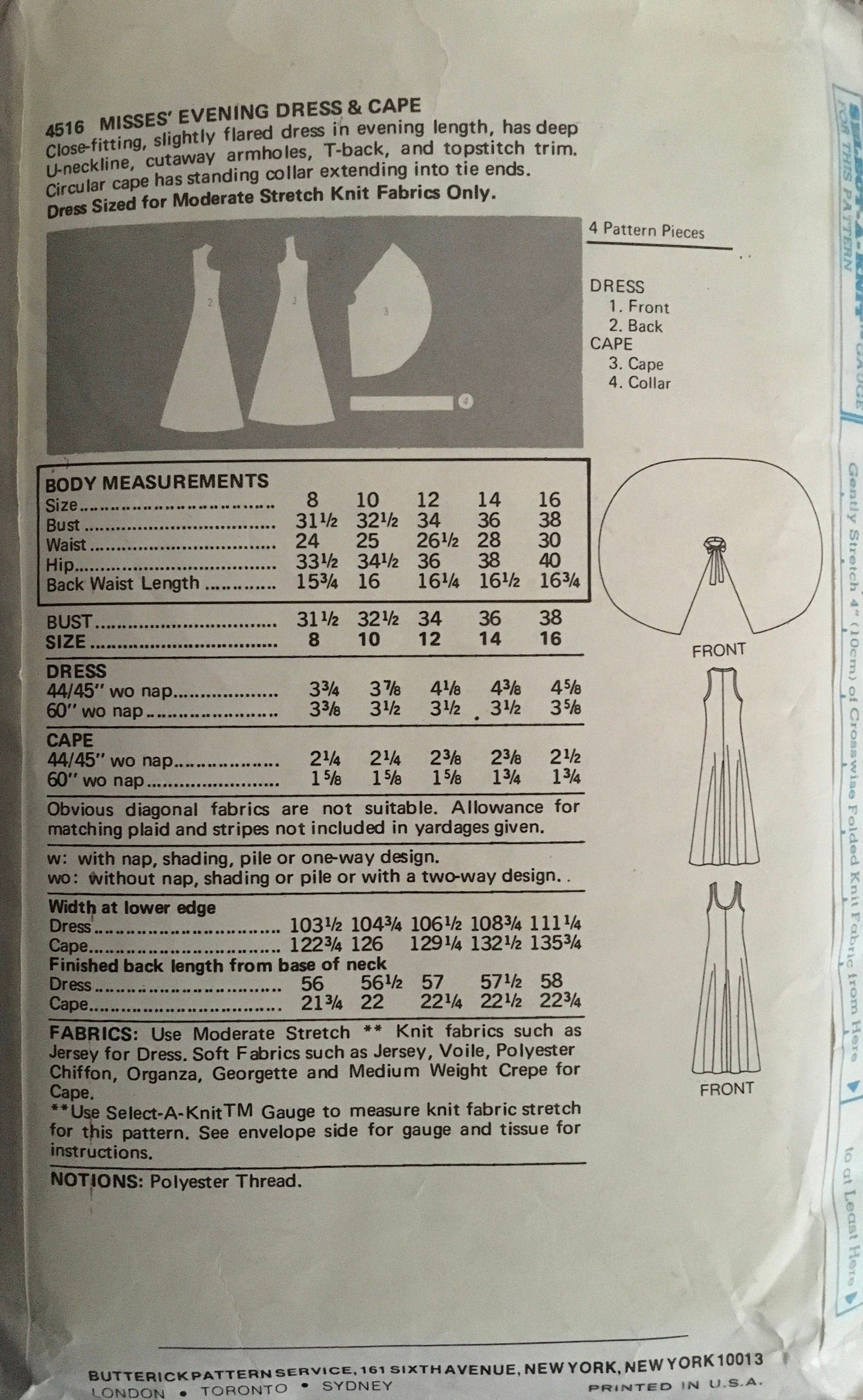 Butterick 4516 Sewing Pattern (Vintage) CUT