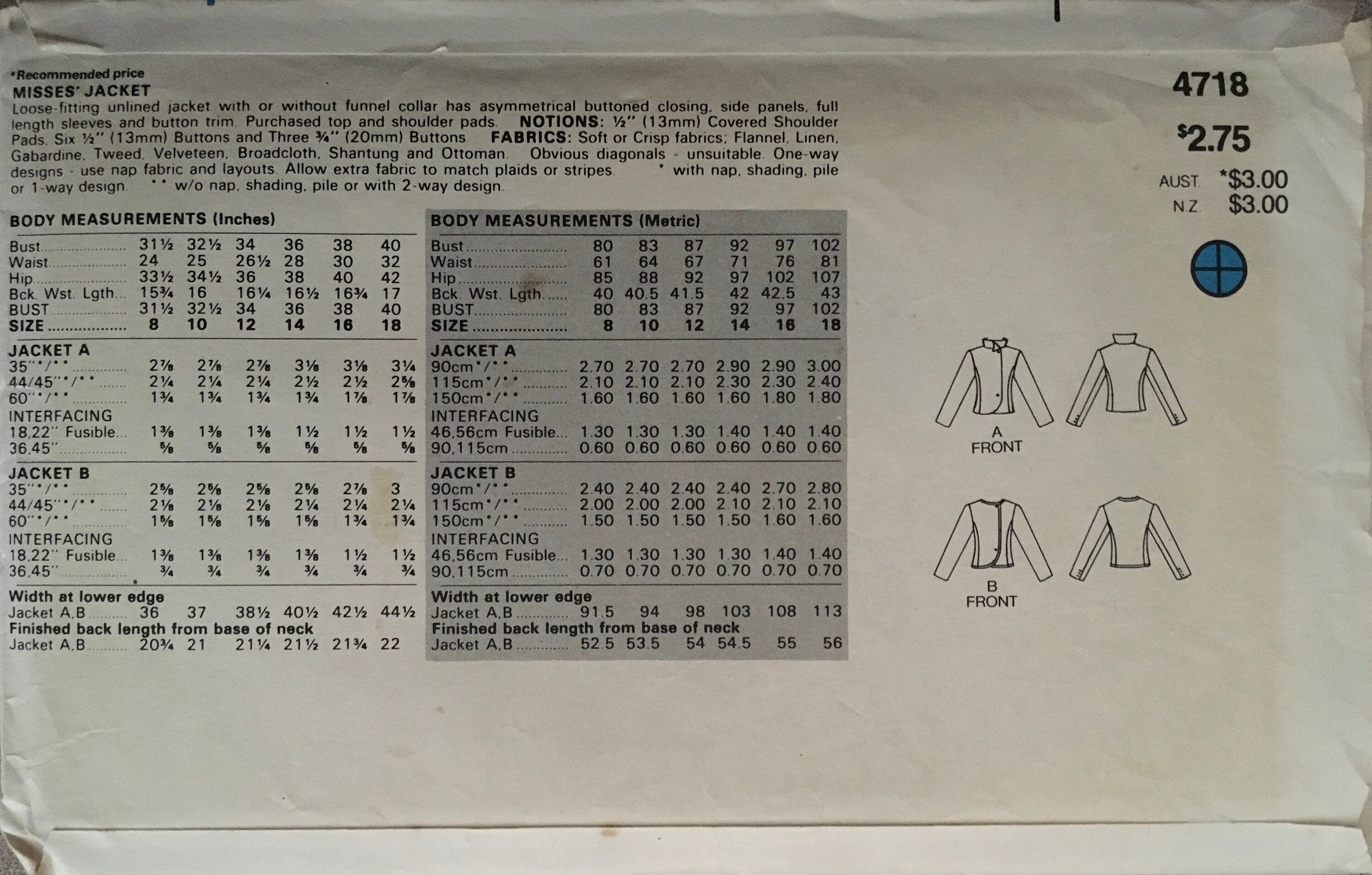 Butterick 4718 Sewing Pattern (Vintage) CUT