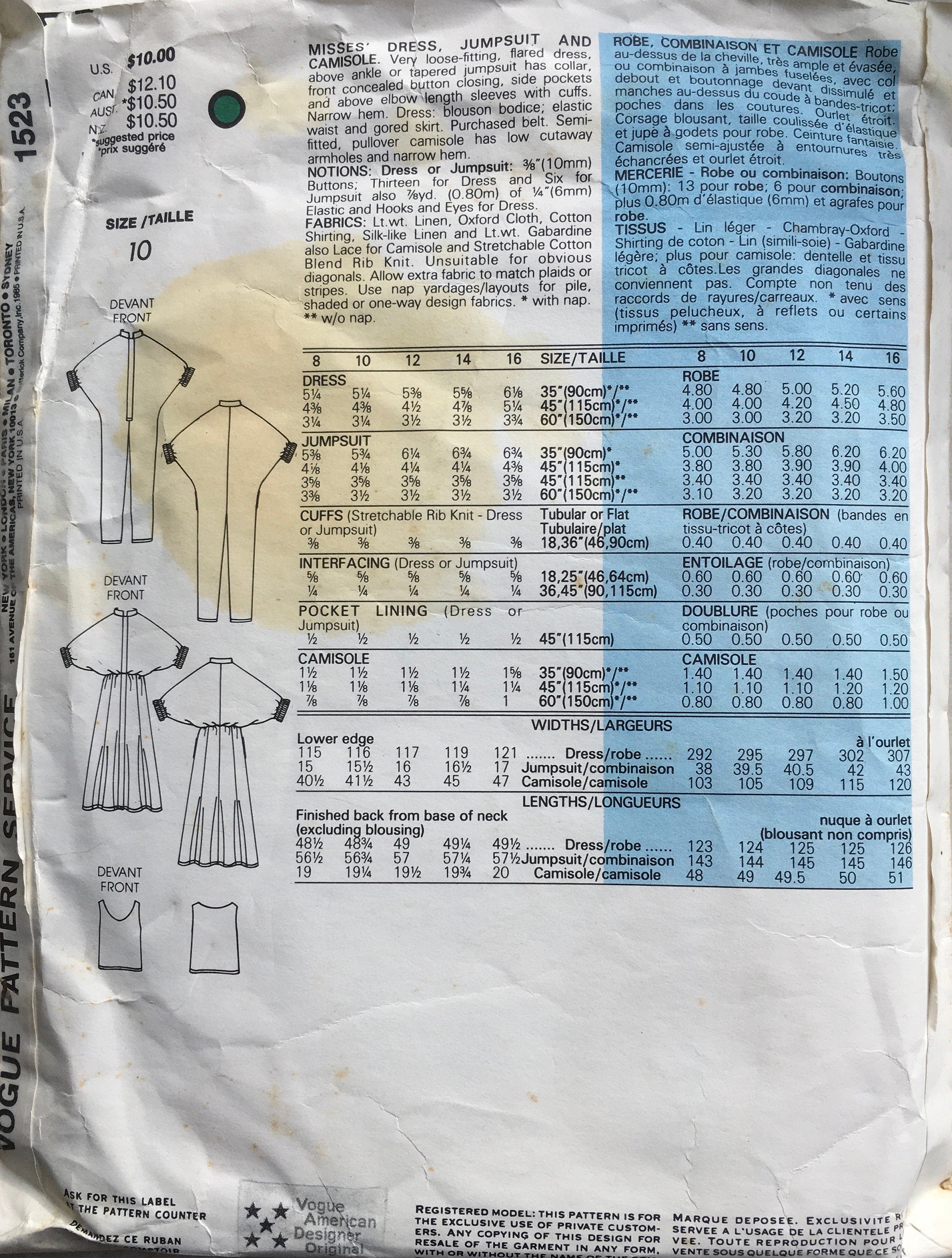Vogue 1523 Sewing Pattern (Vintage) CUT