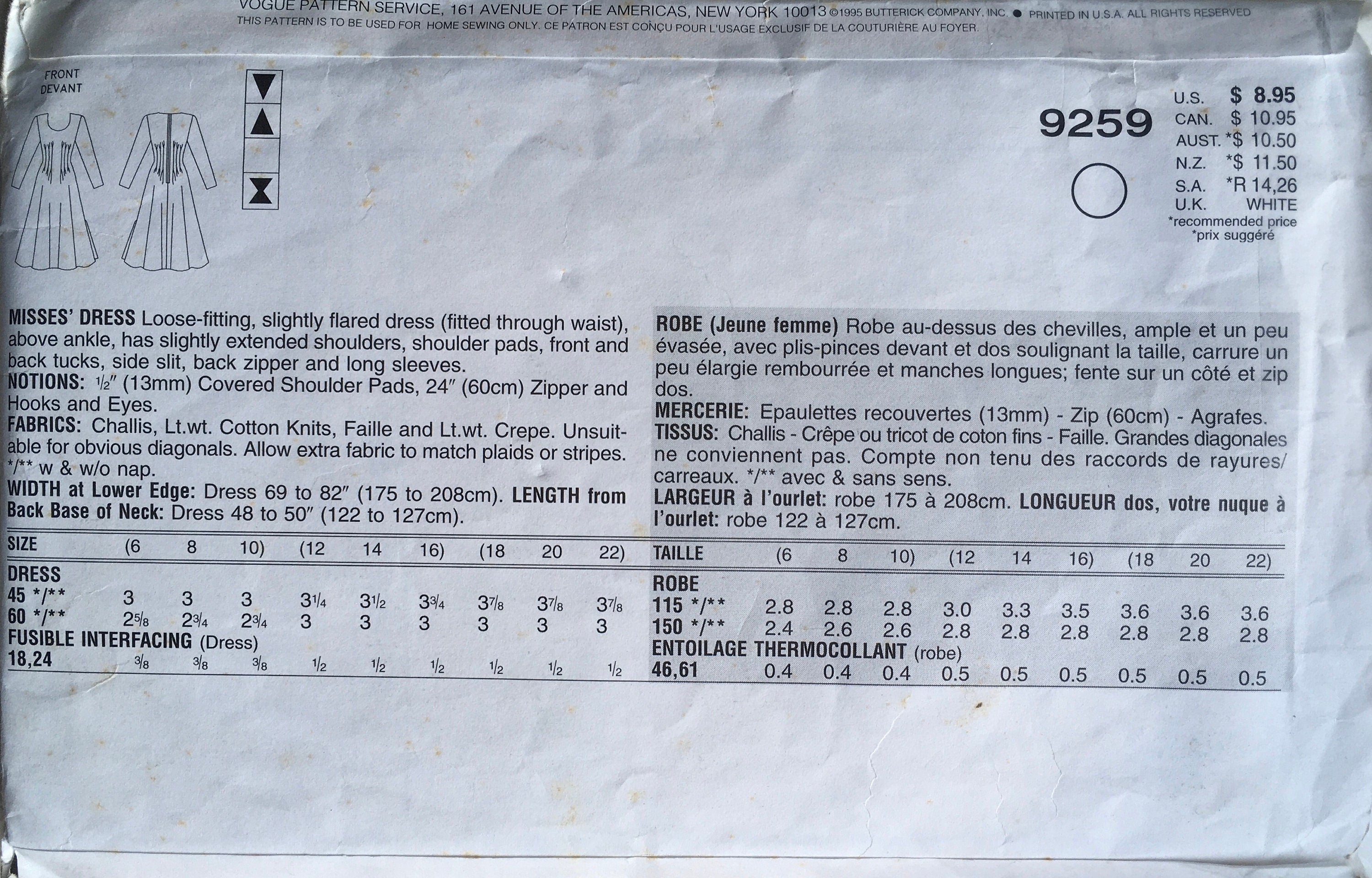 Vogue 9259 Sewing Pattern (Vintage) CUT