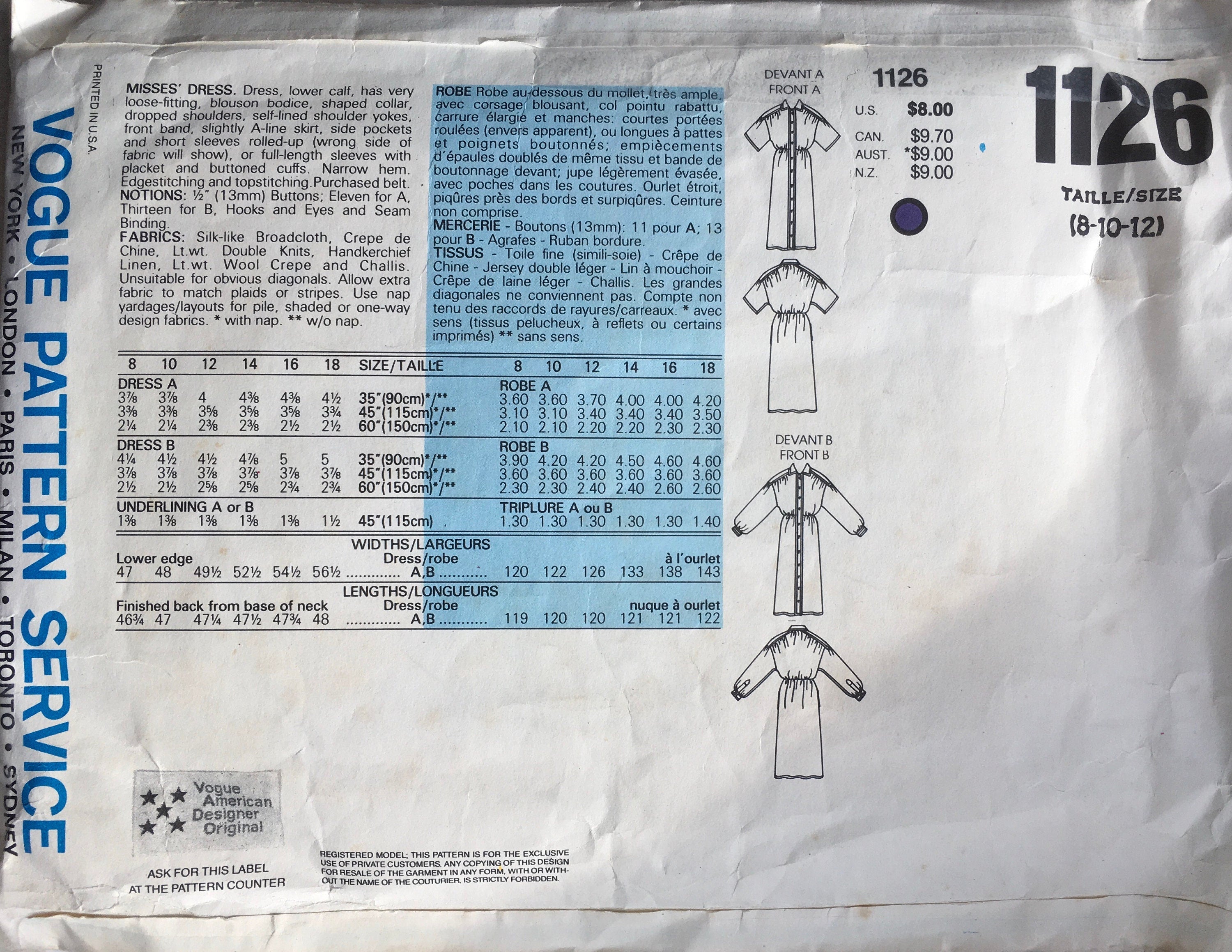 Vogue 1126 Sewing Pattern (Vintage) CUT