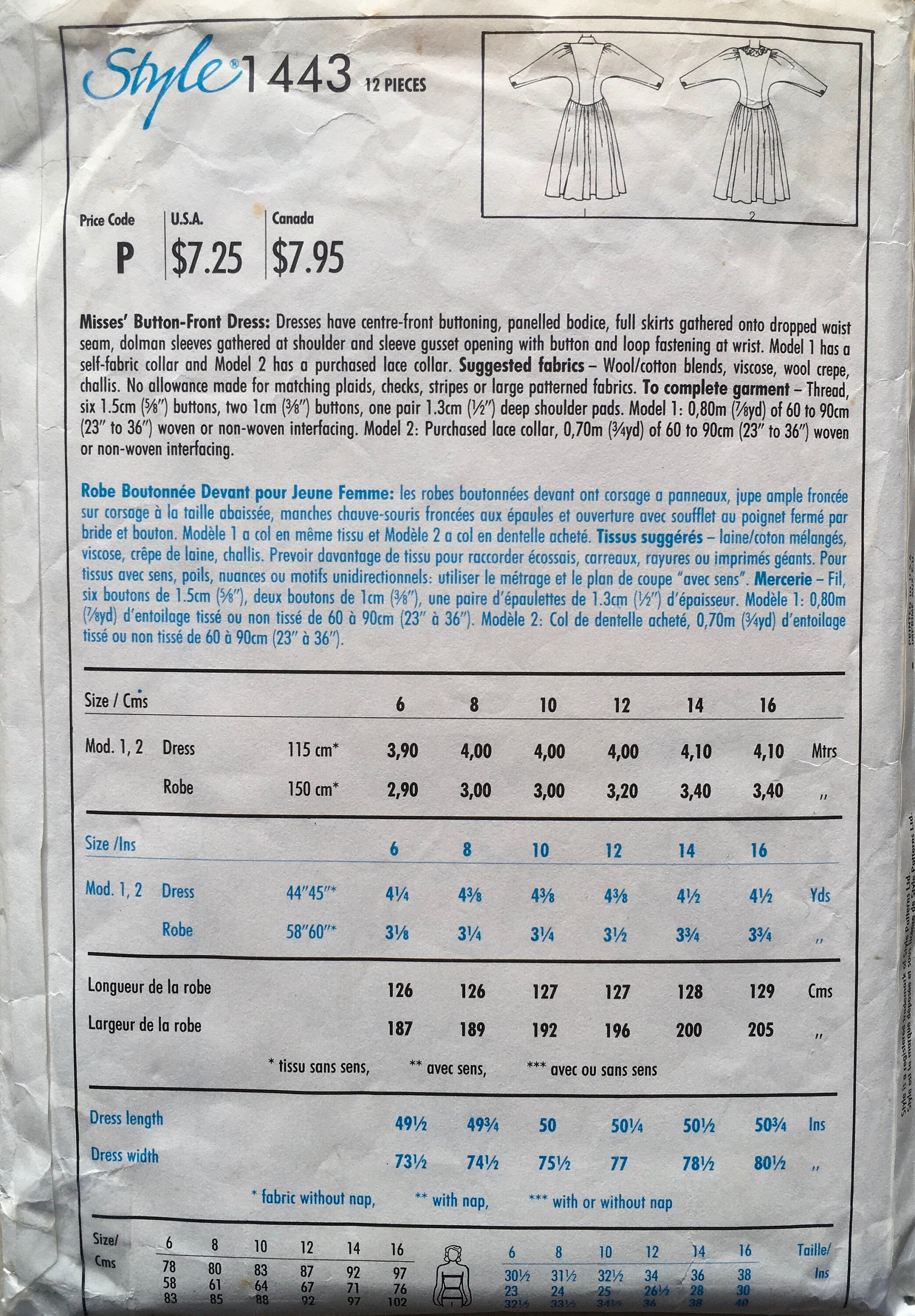 Style 1443 Sewing Pattern (Vintage) CUT