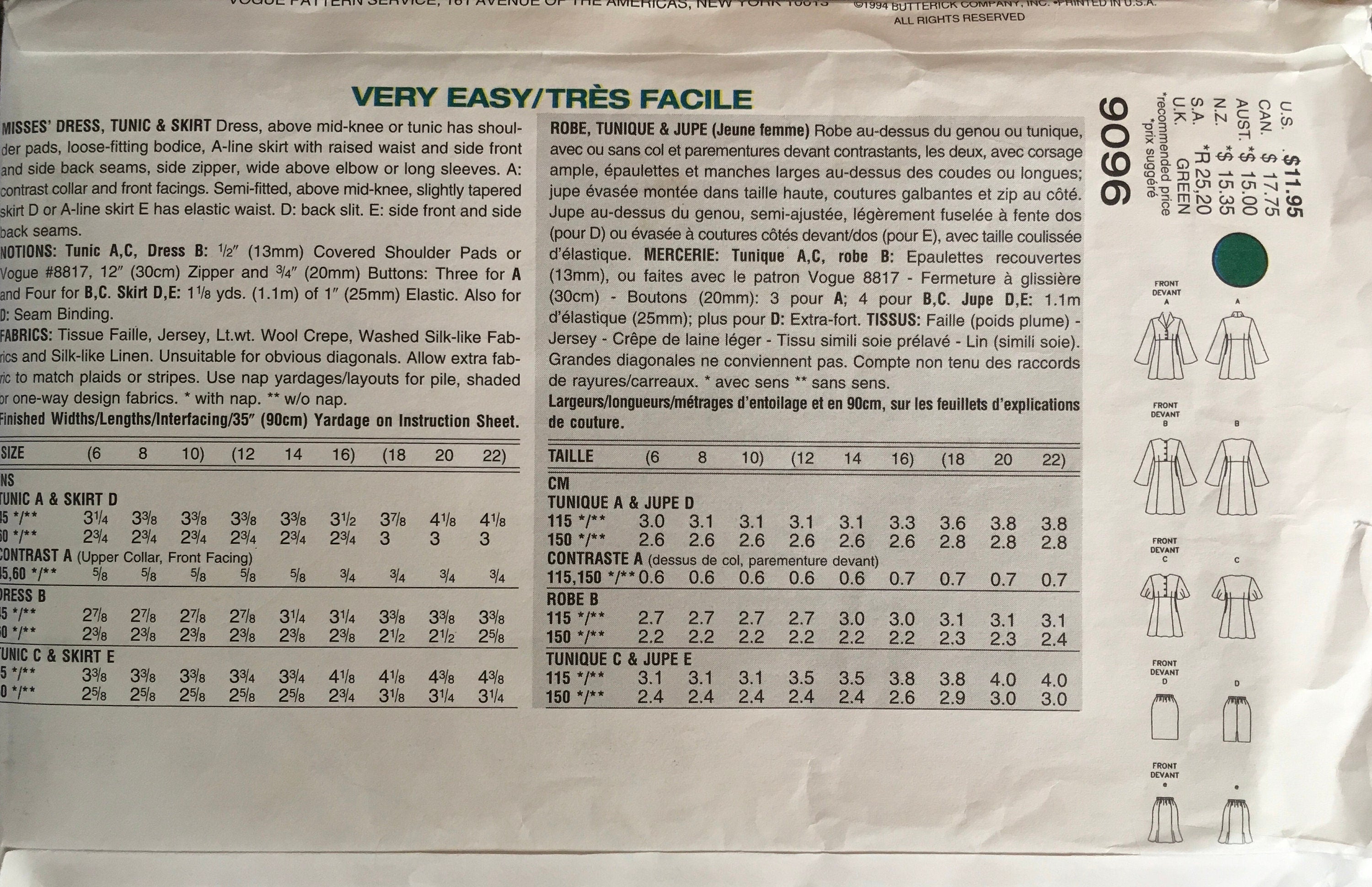 Vogue 9096 Sewing Pattern (Vintage) CUT