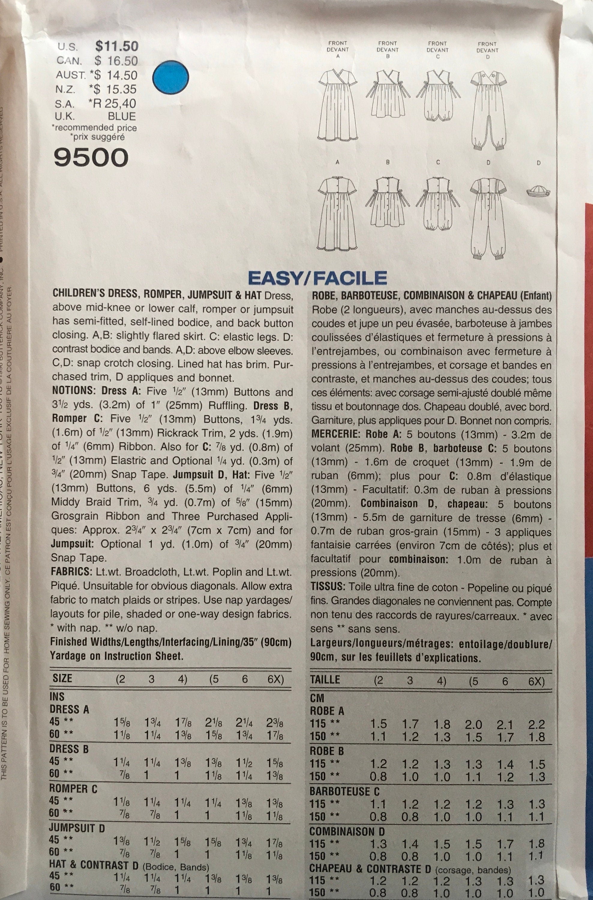 Vogue 9500 Sewing Pattern (Vintage) UNCUT