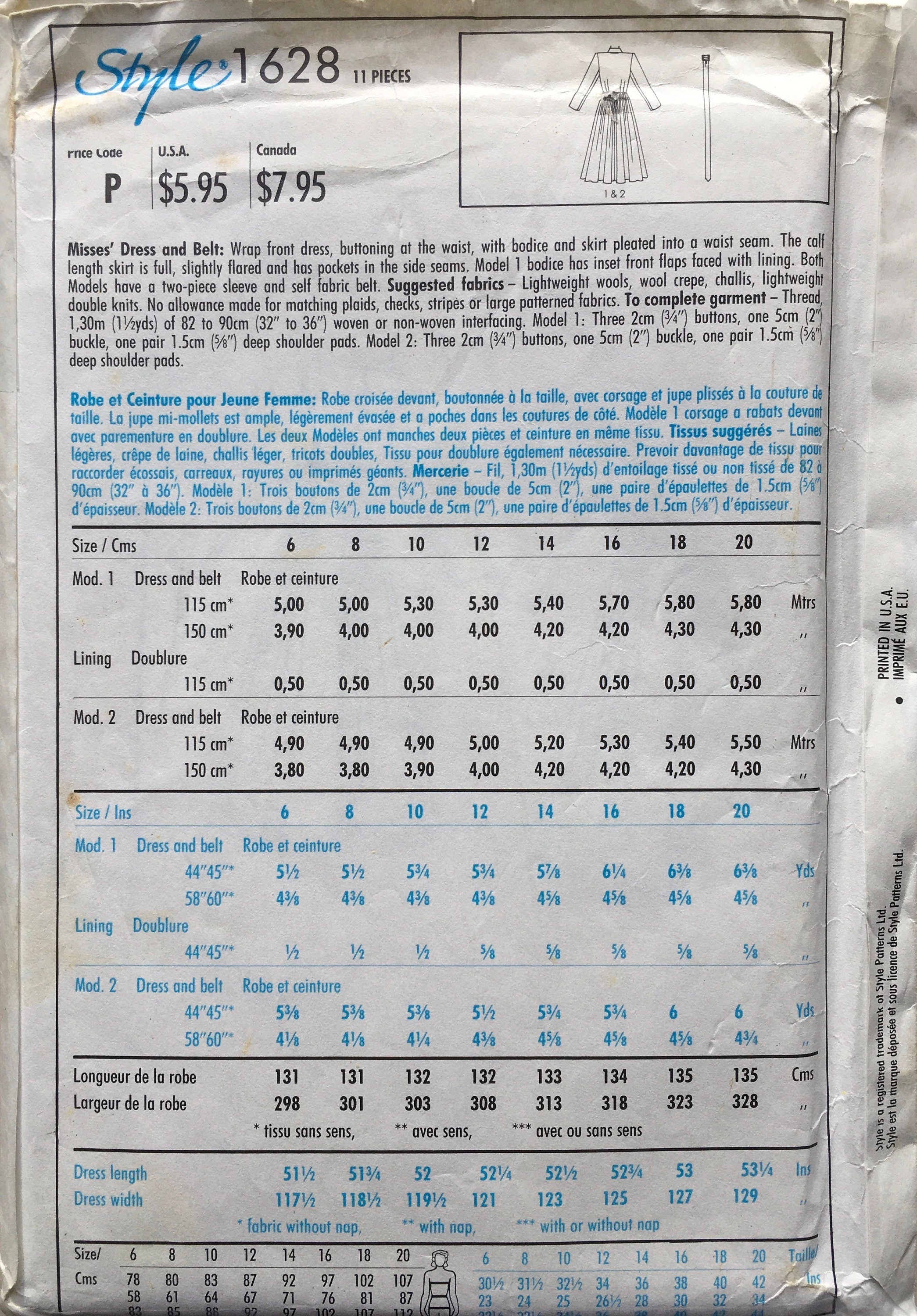 Style 1628 Sewing Pattern (Vintage) UNCUT