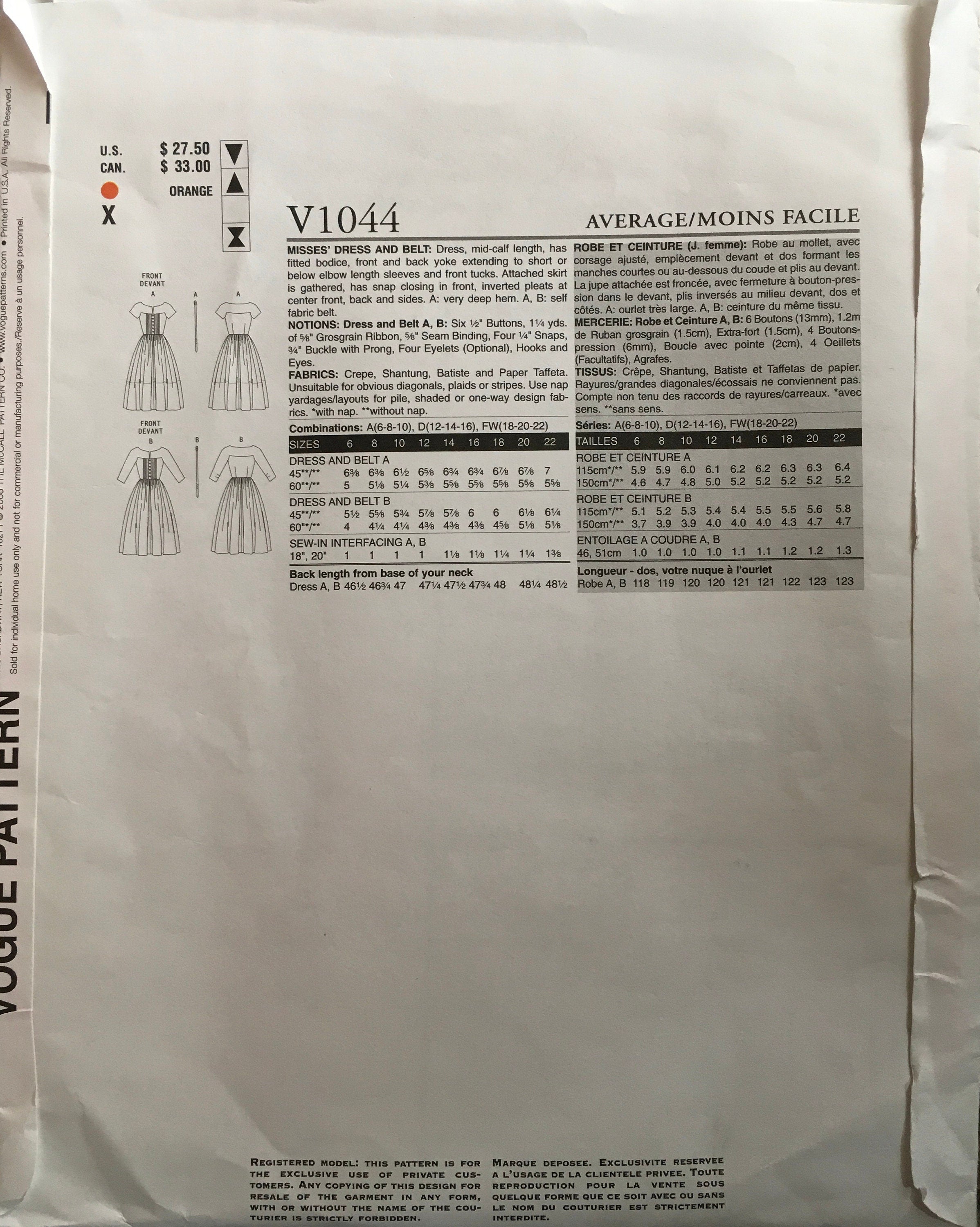 Vogue 1044 Sewing Pattern (Vintage) UNCUT