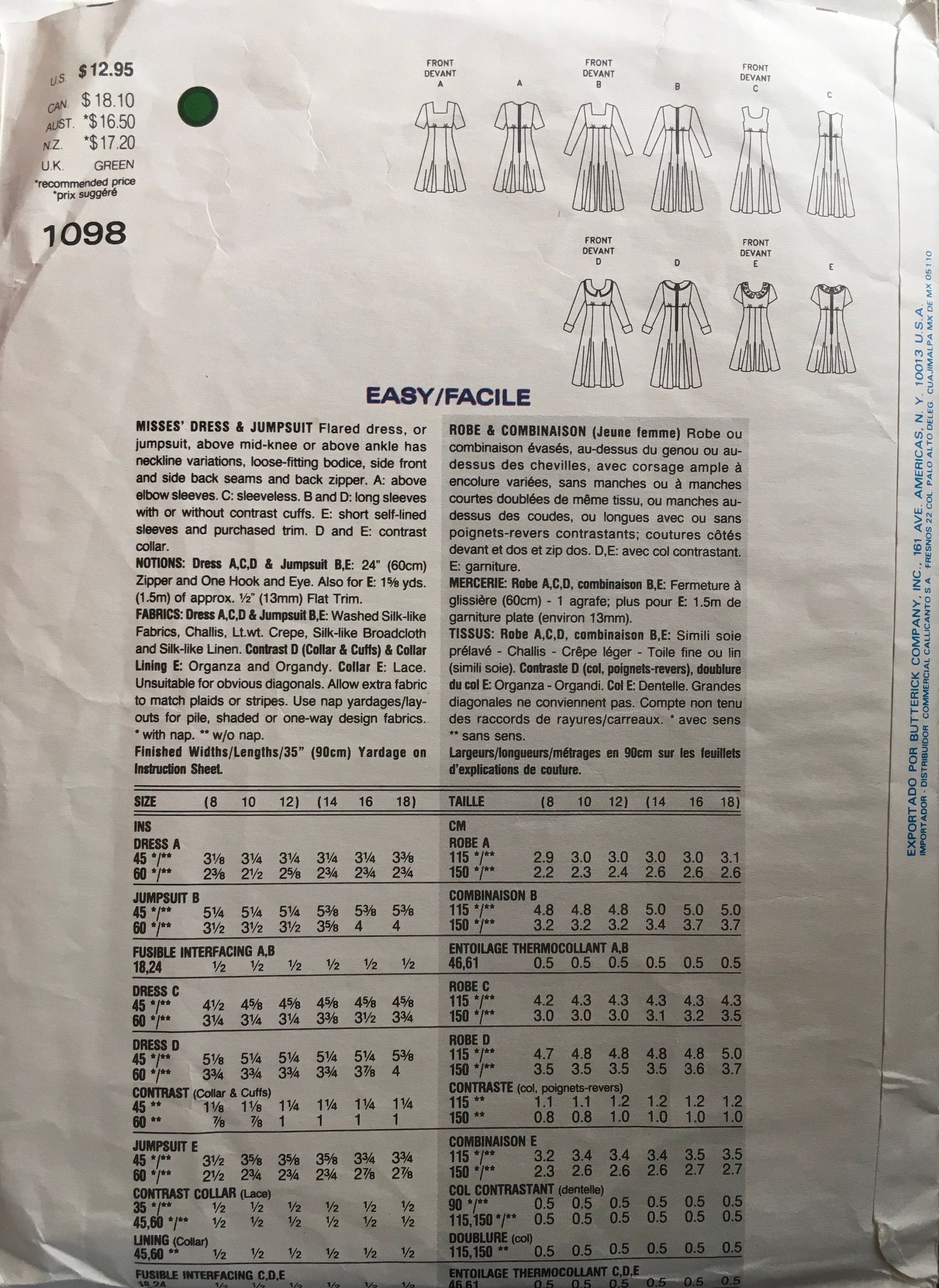 Vogue 1098 Sewing Pattern (Vintage) CUT