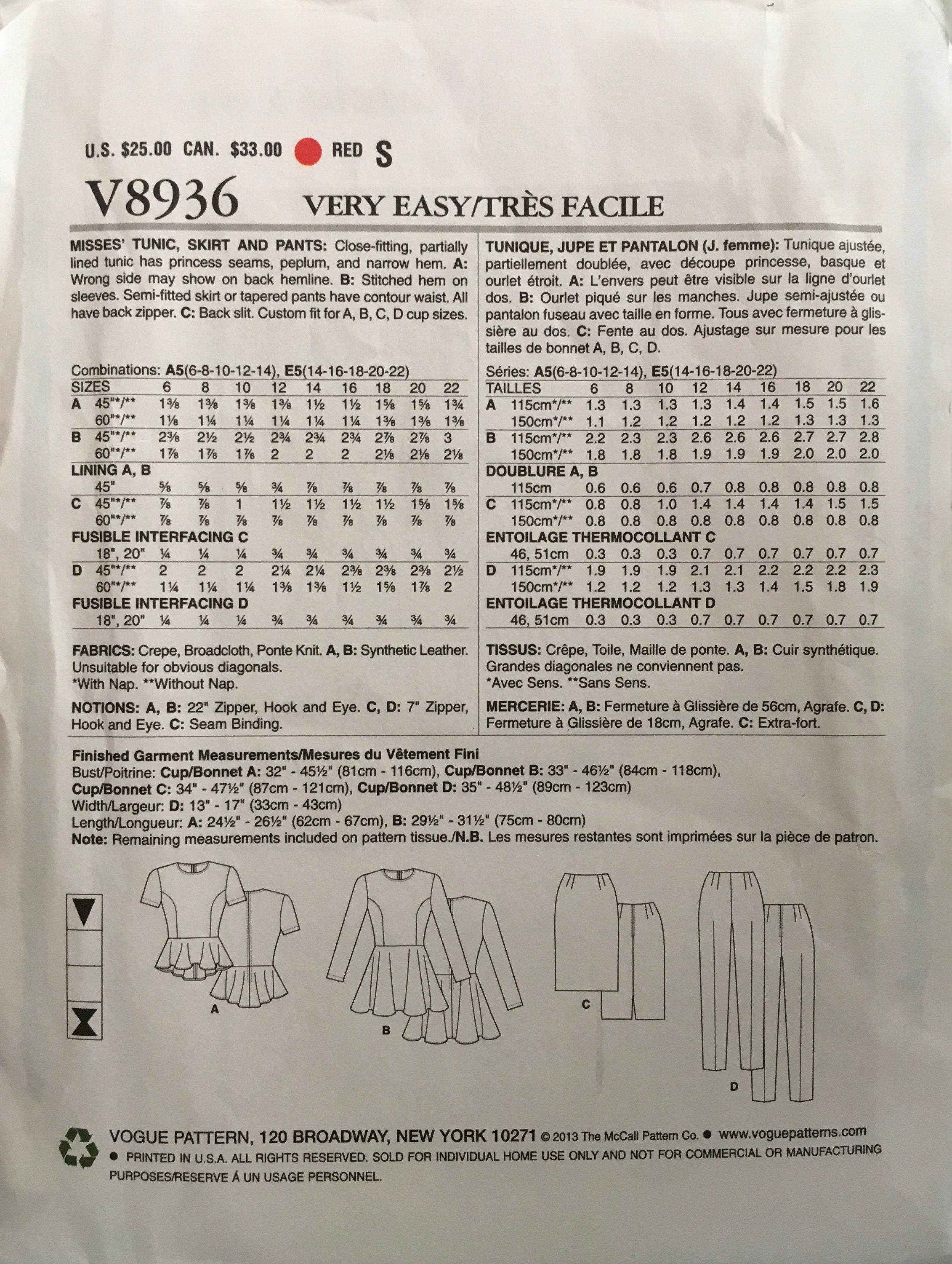 Vogue 8936 Sewing Pattern (Vintage) UNCUT