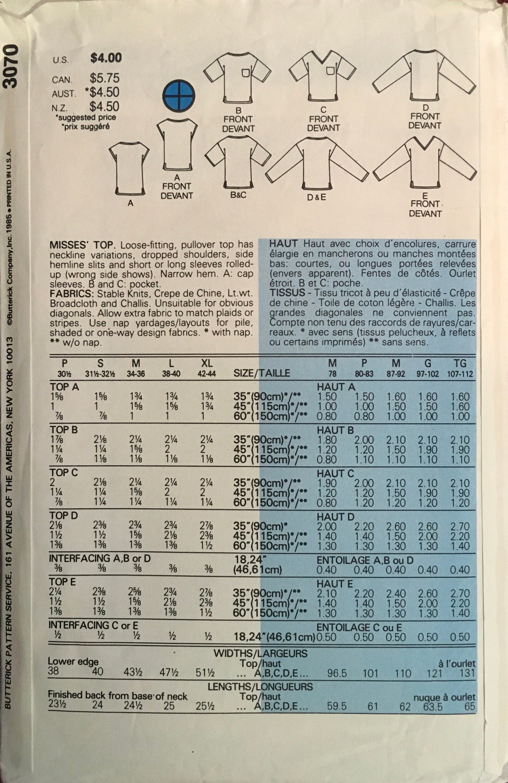 Butterick 3070 Sewing Pattern (Vintage) CUT