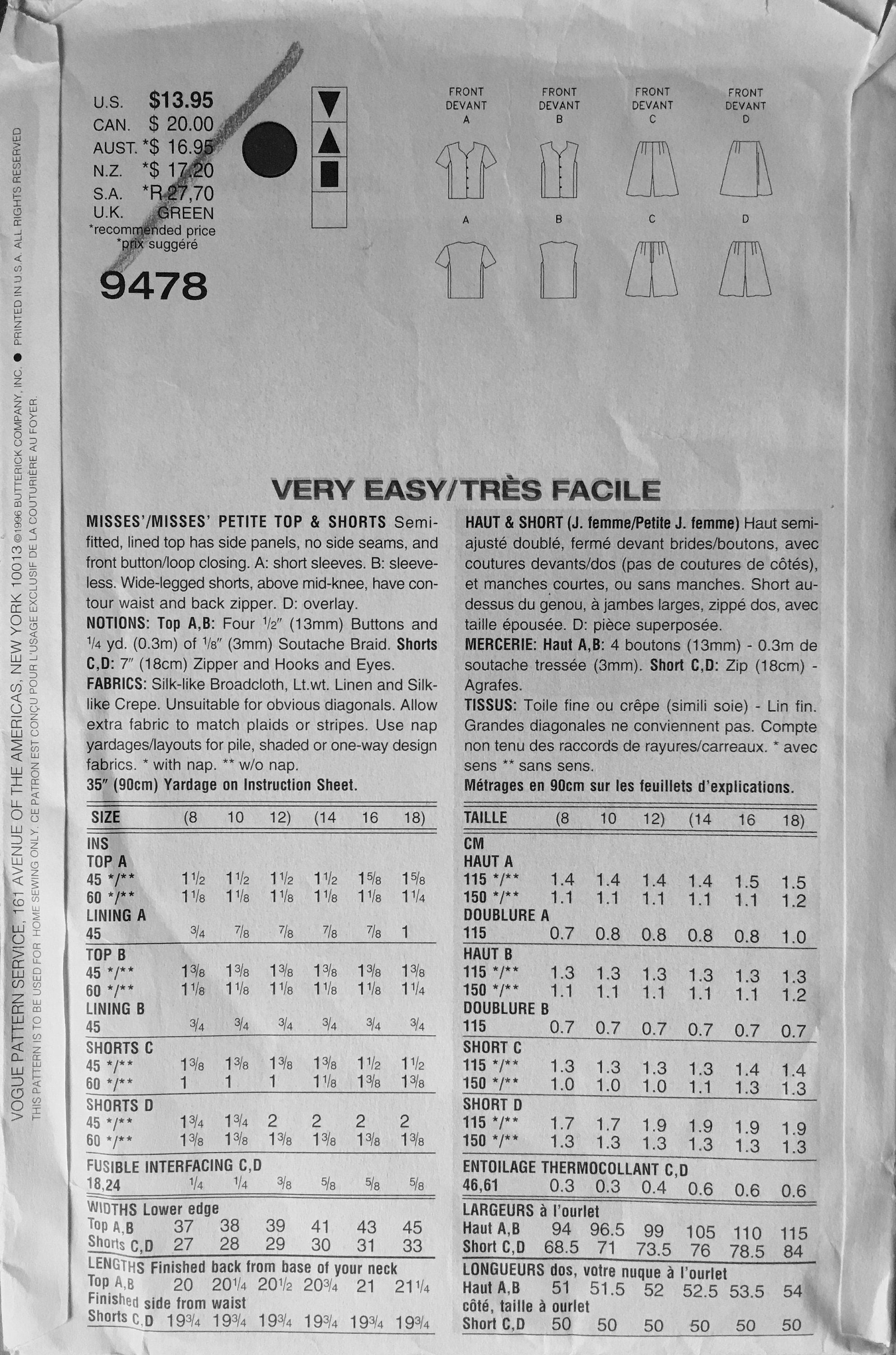Vogue 9478 Sewing Pattern (Vintage) UNCUT