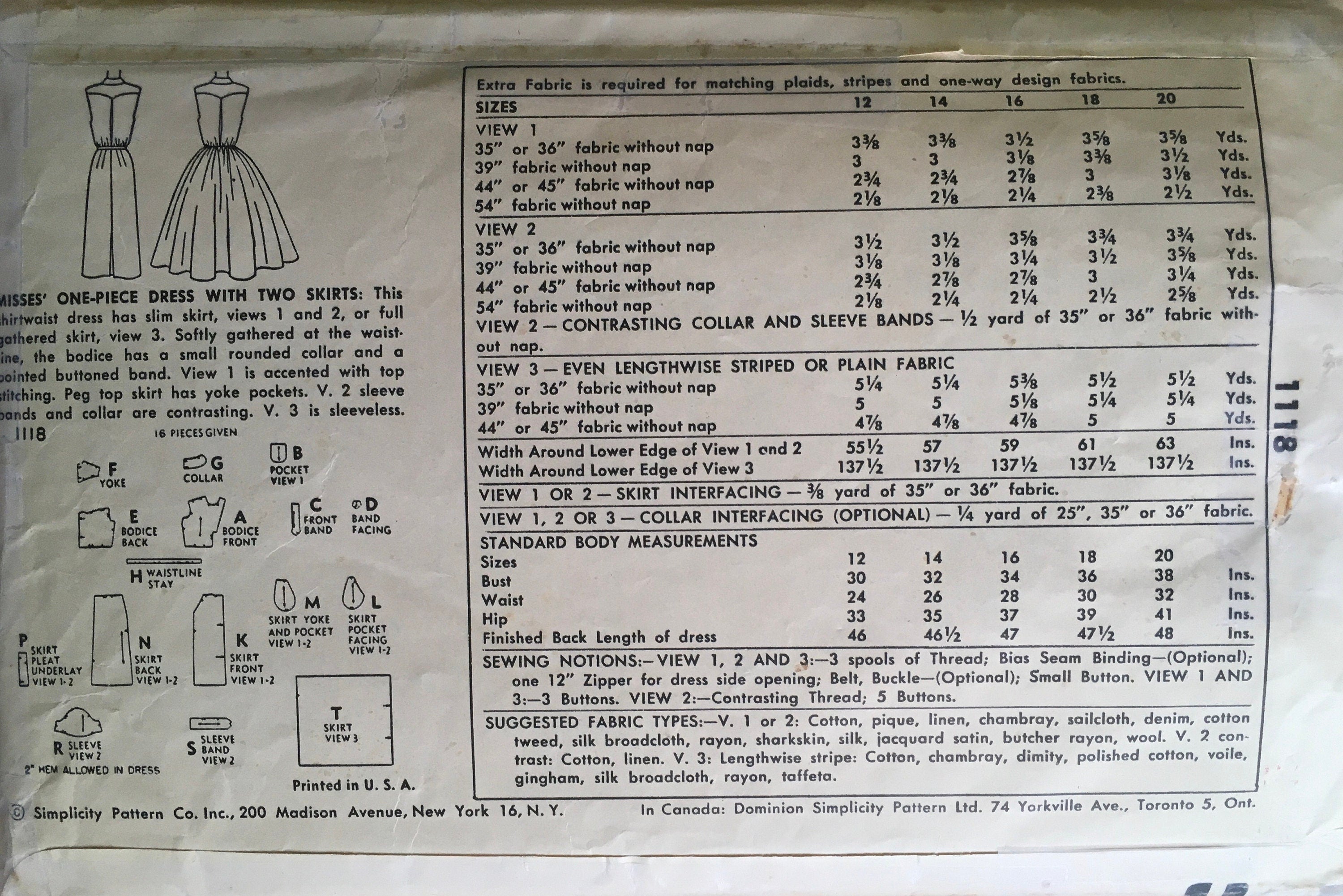 Simplicity 1118 Sewing Pattern (Vintage) CUT