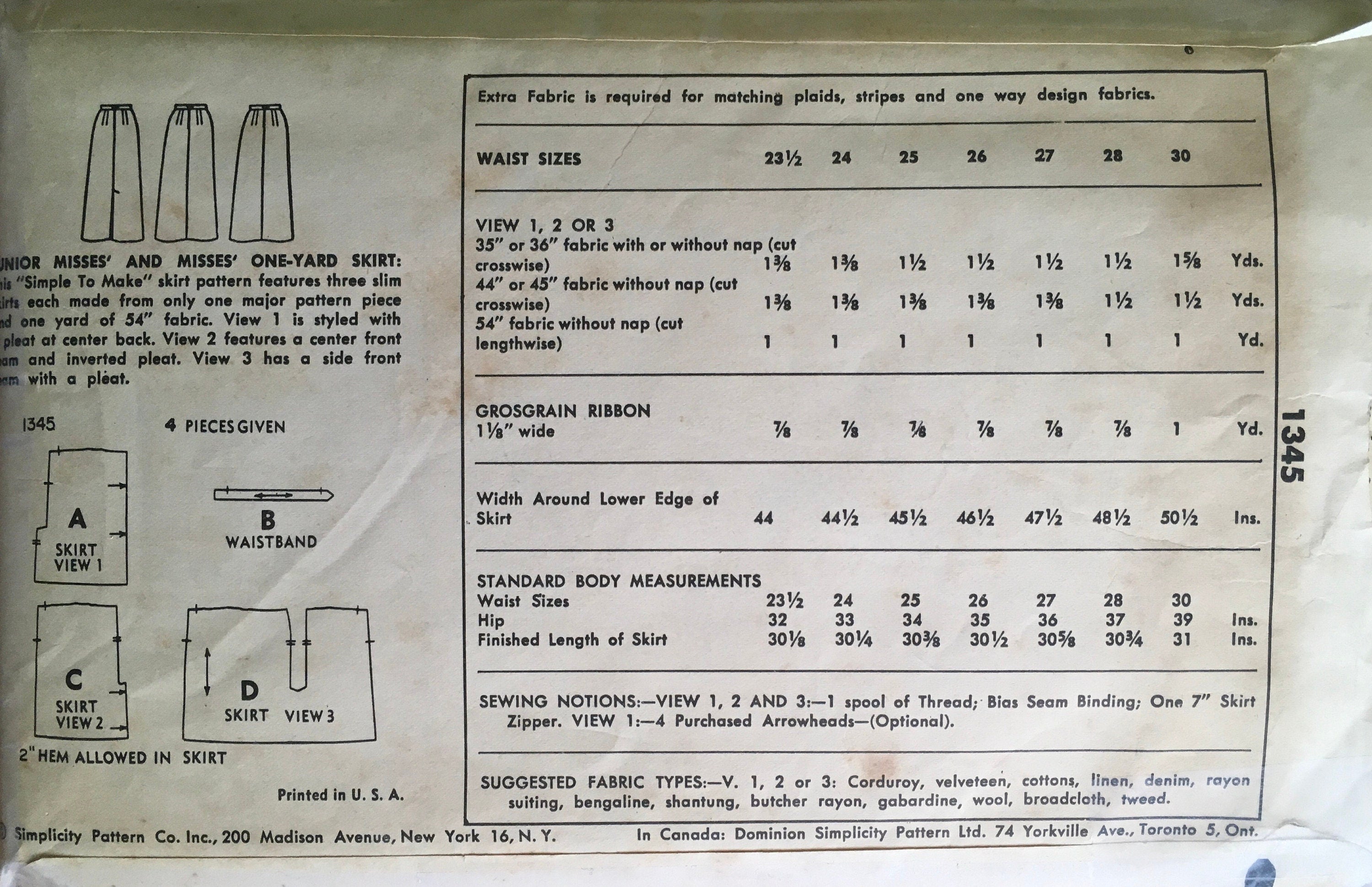Simplicity 1345 Sewing Pattern (Vintage) CUT