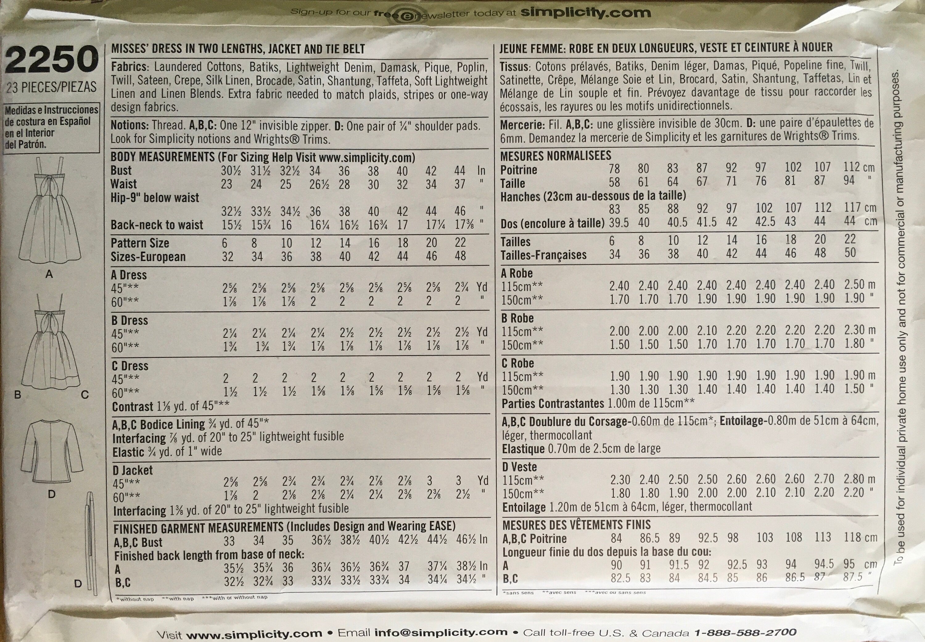 Simplicity 2250 Sewing Pattern UNCUT