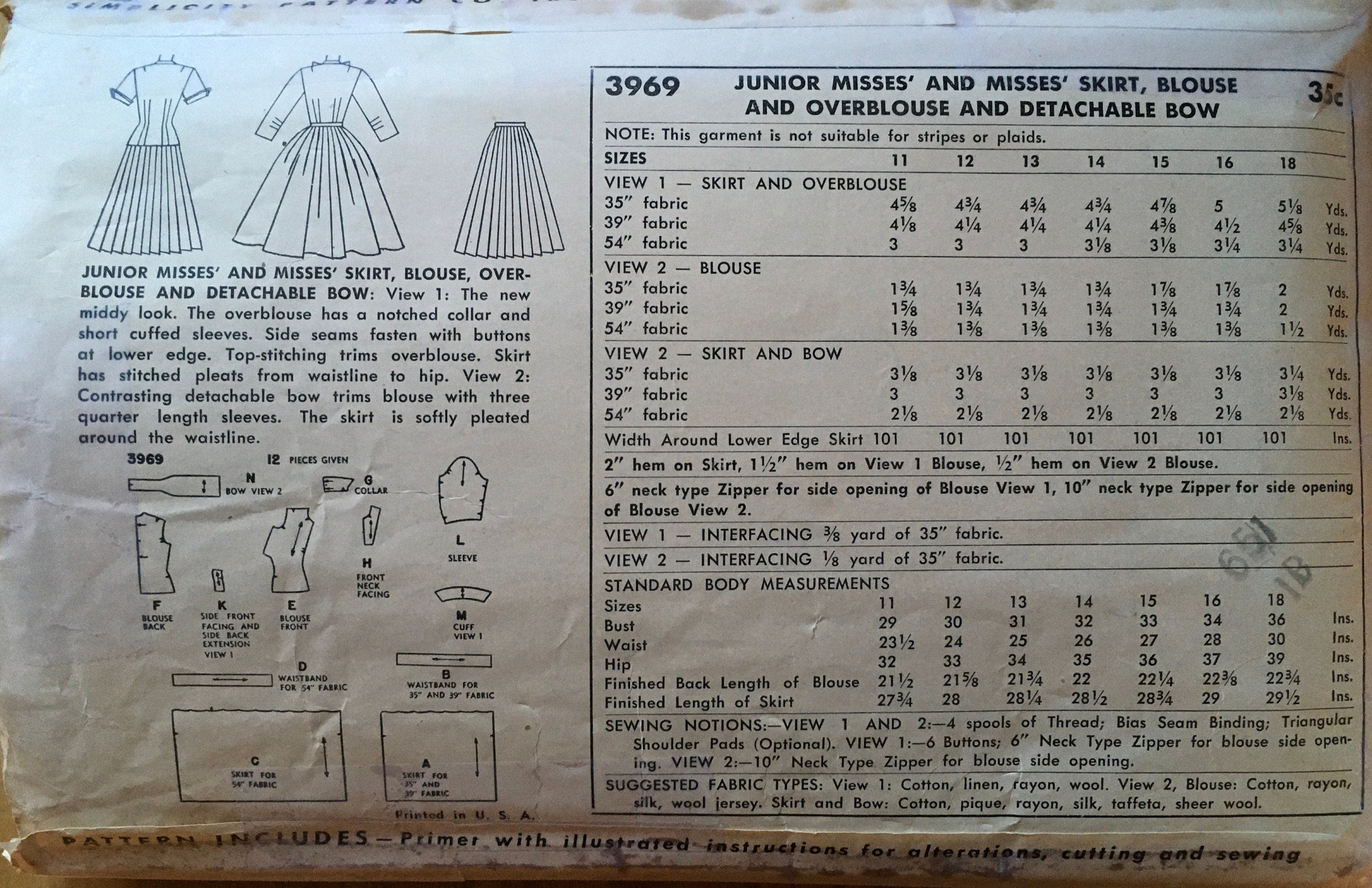 Simplicity 3969 Sewing Pattern (Vintage) CUT
