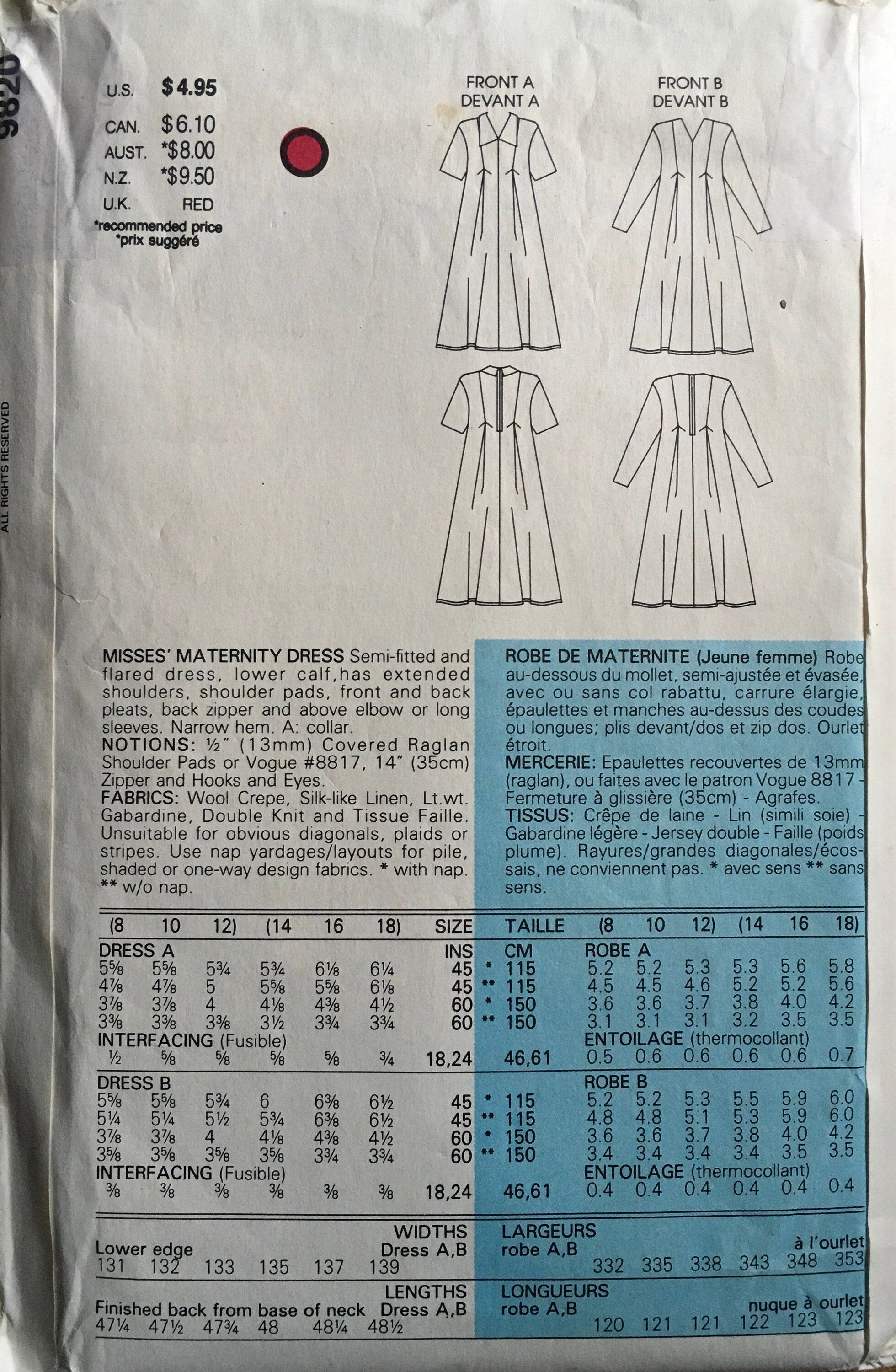 Vogue 9820 Sewing Pattern (Vintage) UNCUT