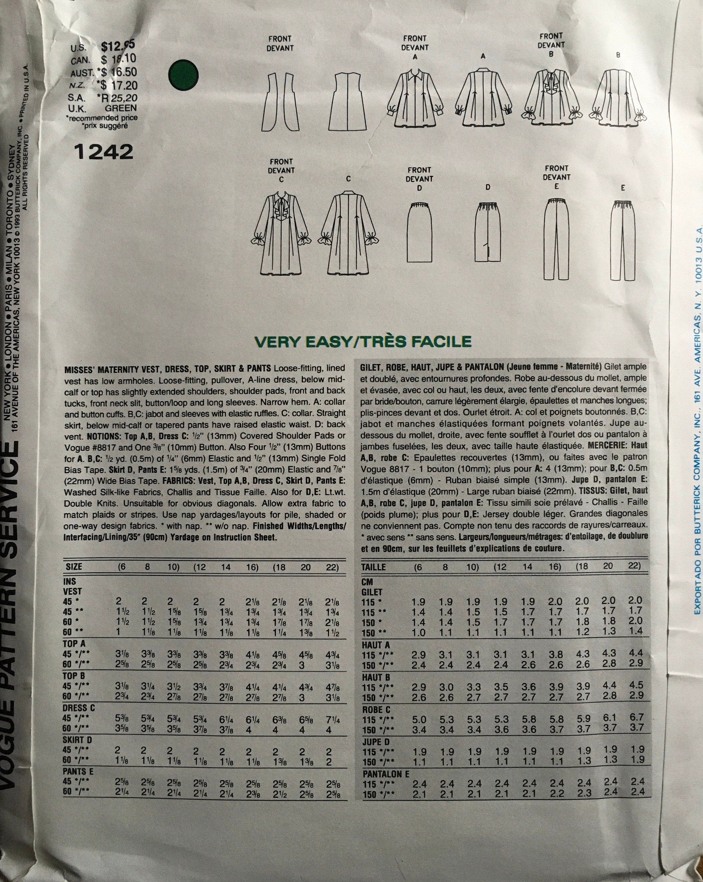 Vogue 1242 Sewing Pattern (Vintage) UNCUT