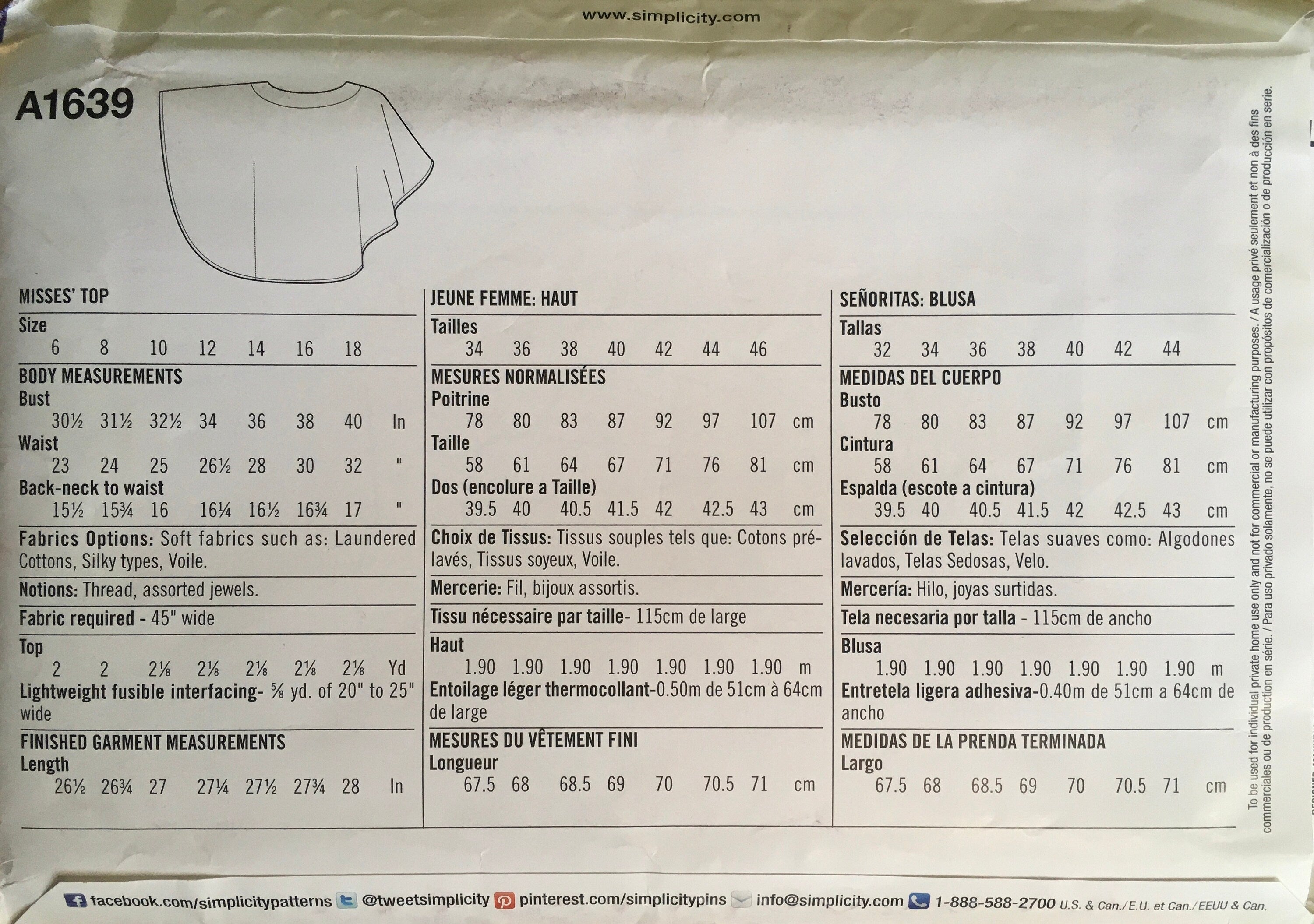 Simplicity 1639 Sewing Pattern UNCUT