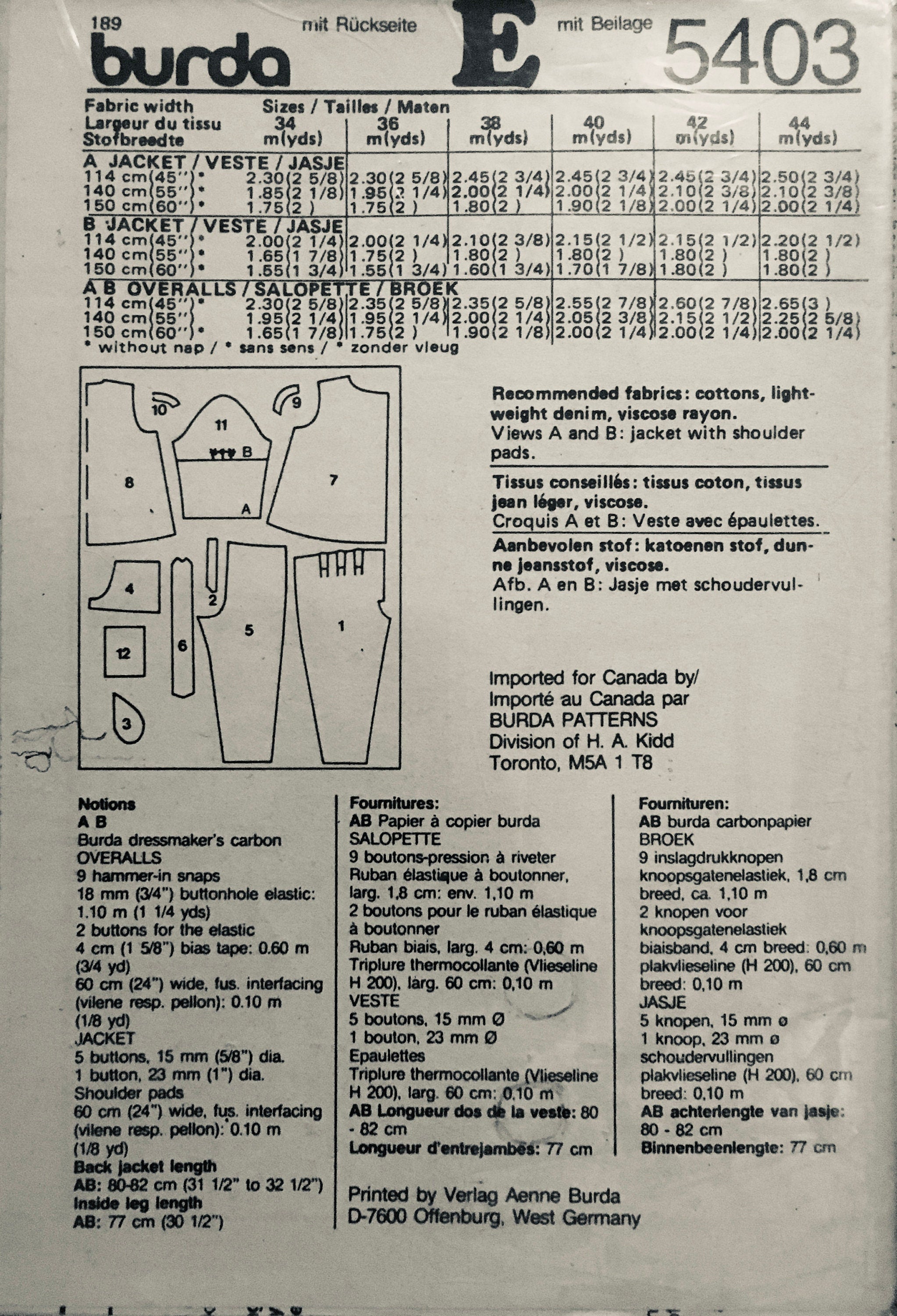 Burda 5403 Sewing Pattern (Vintage) UNCUT