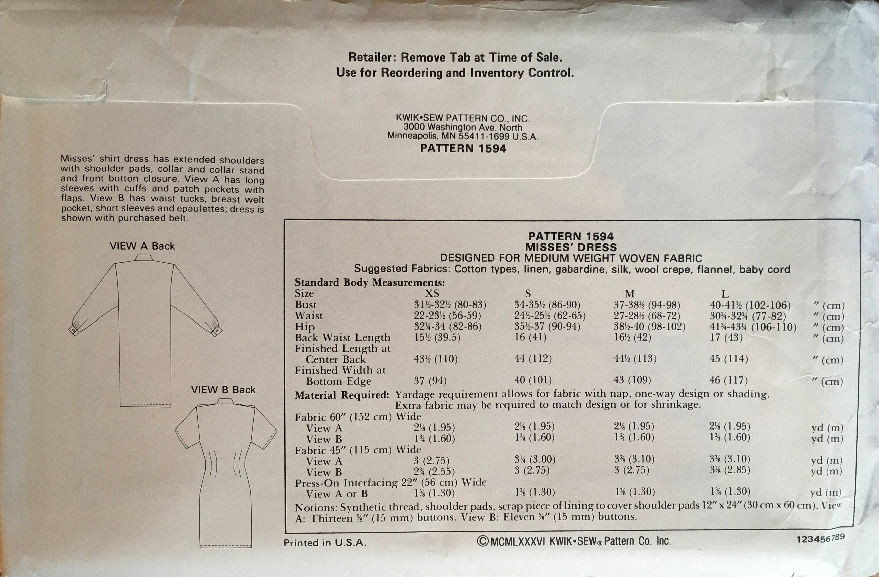 Kwik Sew 1594 Sewing Pattern (Vintage) UNCUT