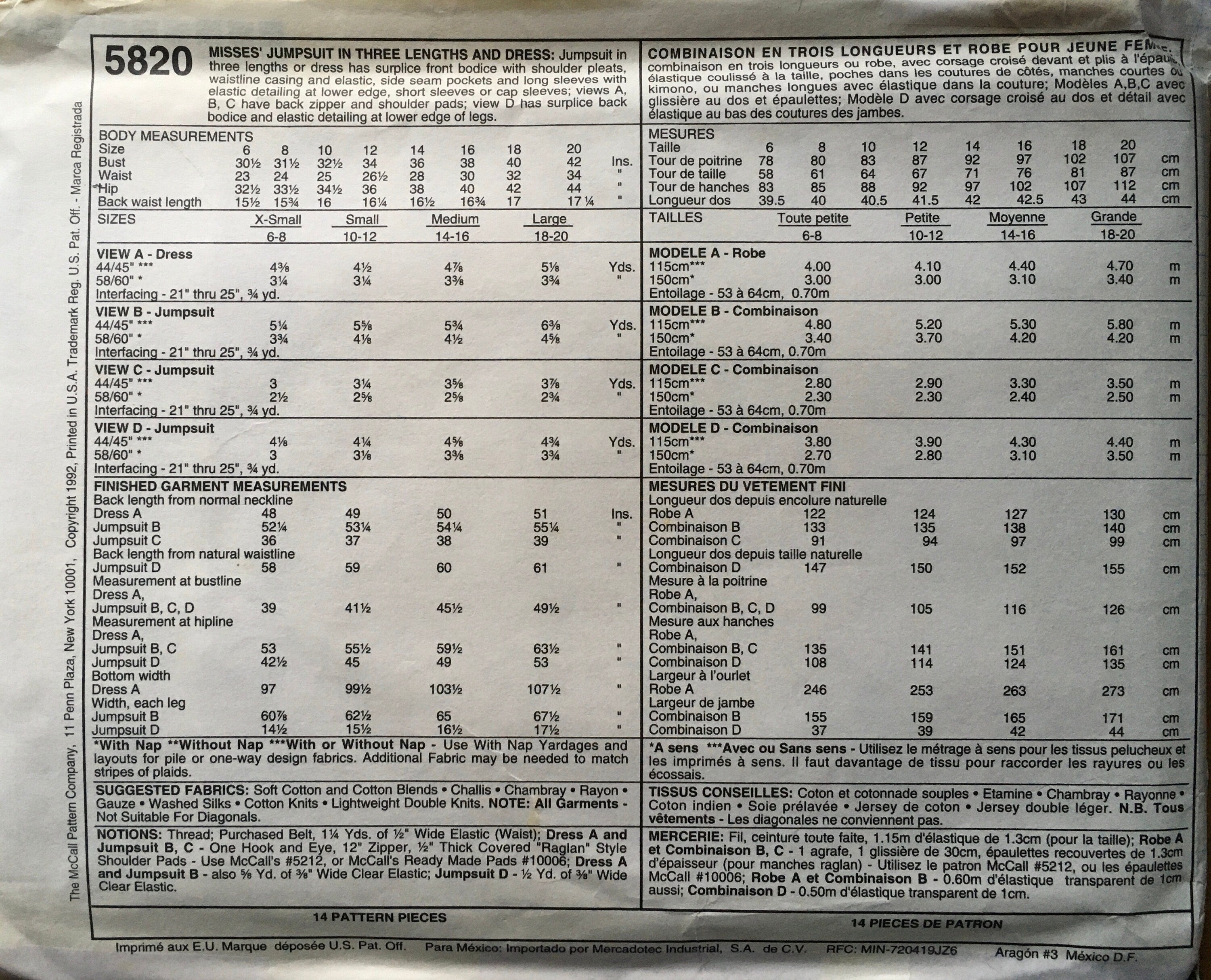 Busy Woman’s 5820 Sewing Pattern (Vintage) UNCUT