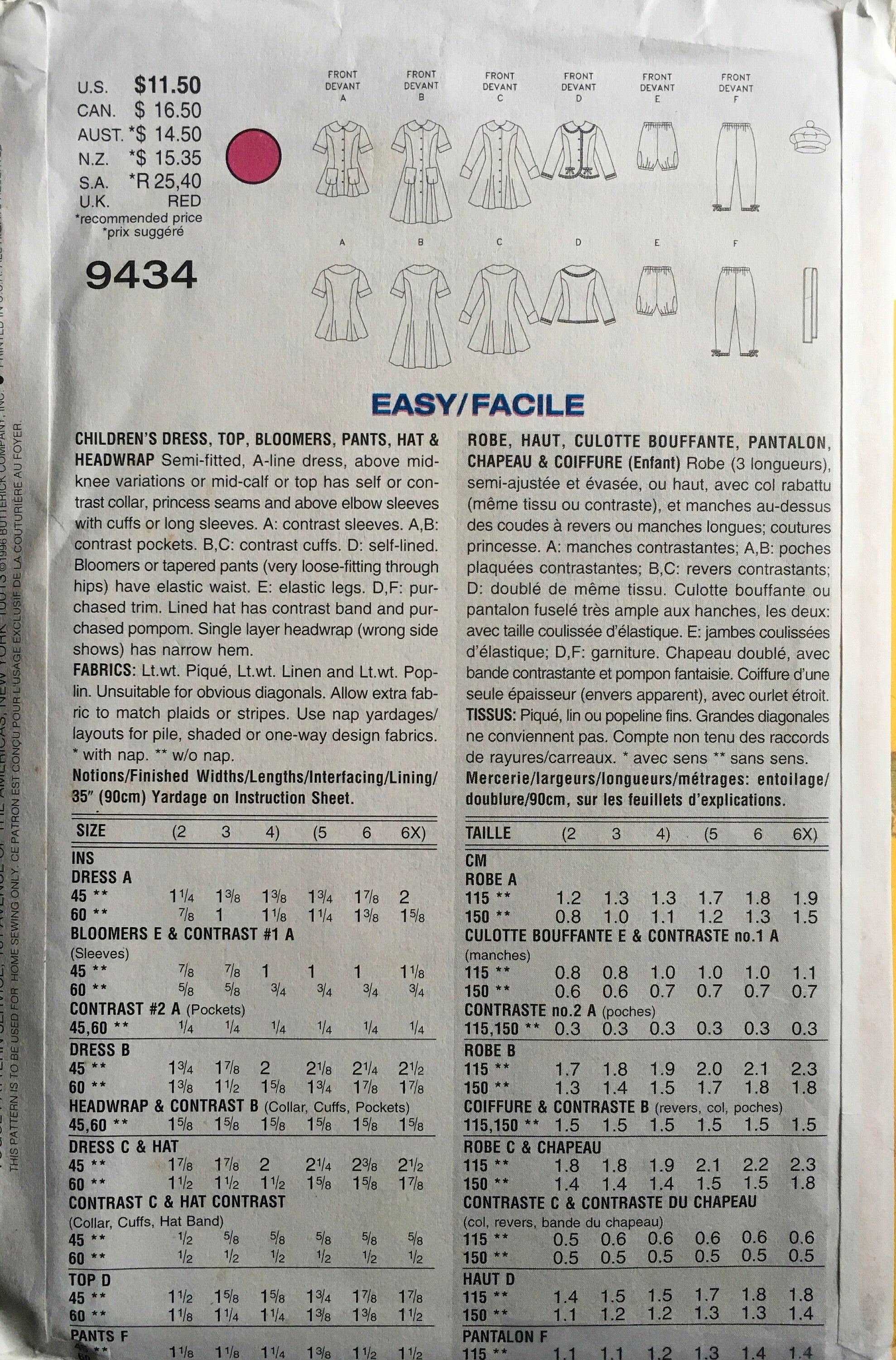 Vogue 9434 Sewing Pattern (Vintage) UNCUT