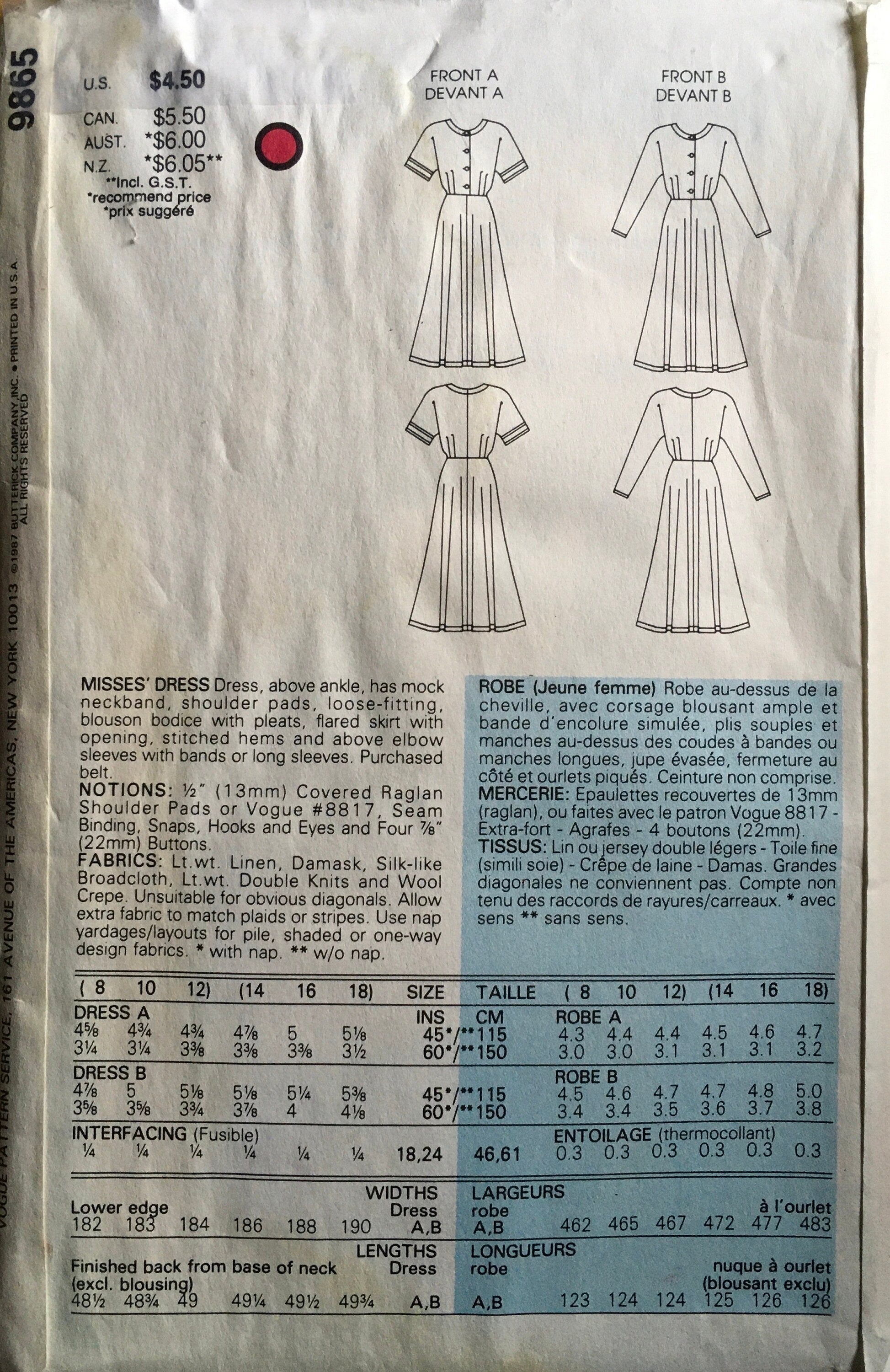 Vogue 9865 Sewing Pattern (Vintage) UNCUT