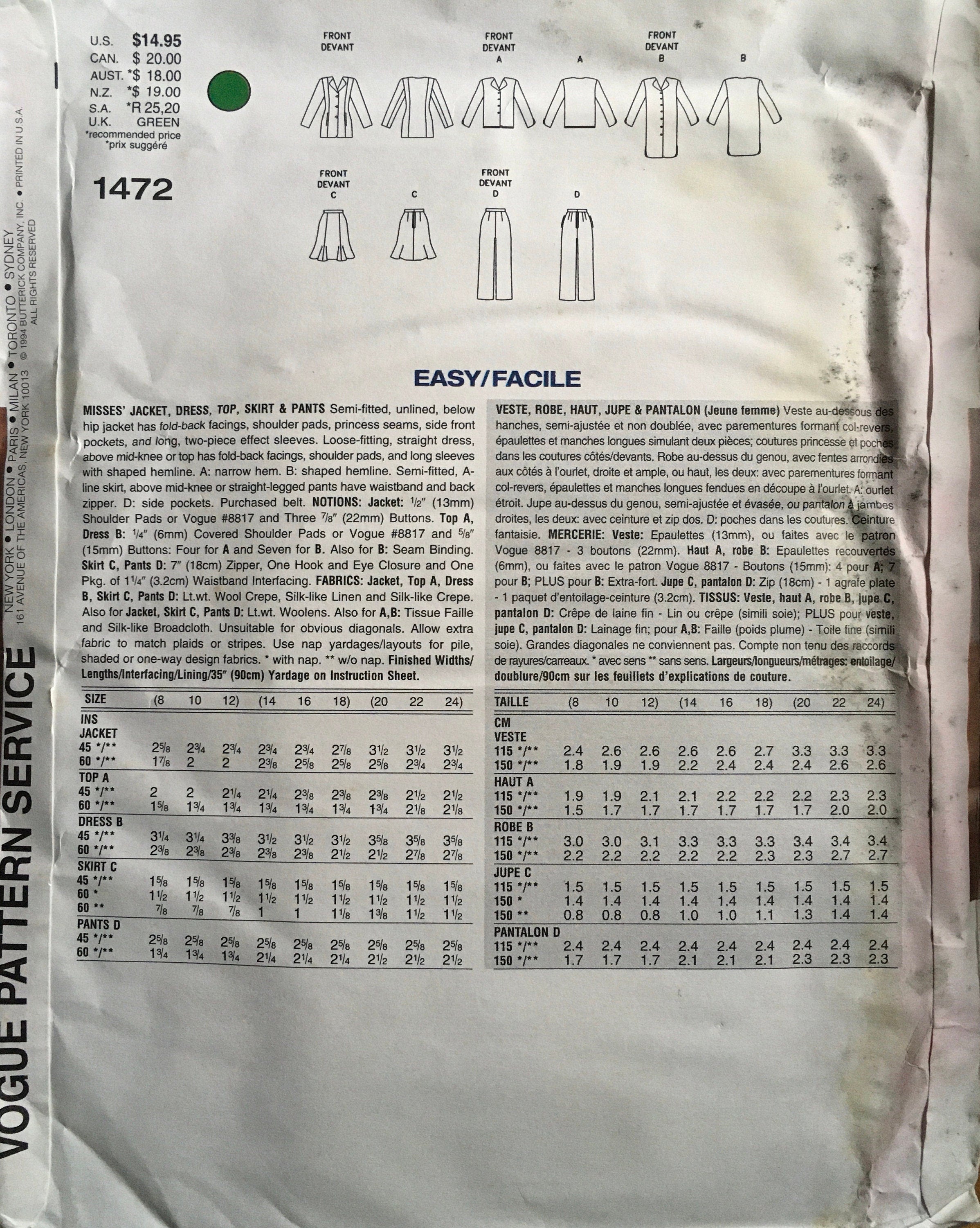Vogue 1472 Sewing Pattern (Vintage) UNCUT