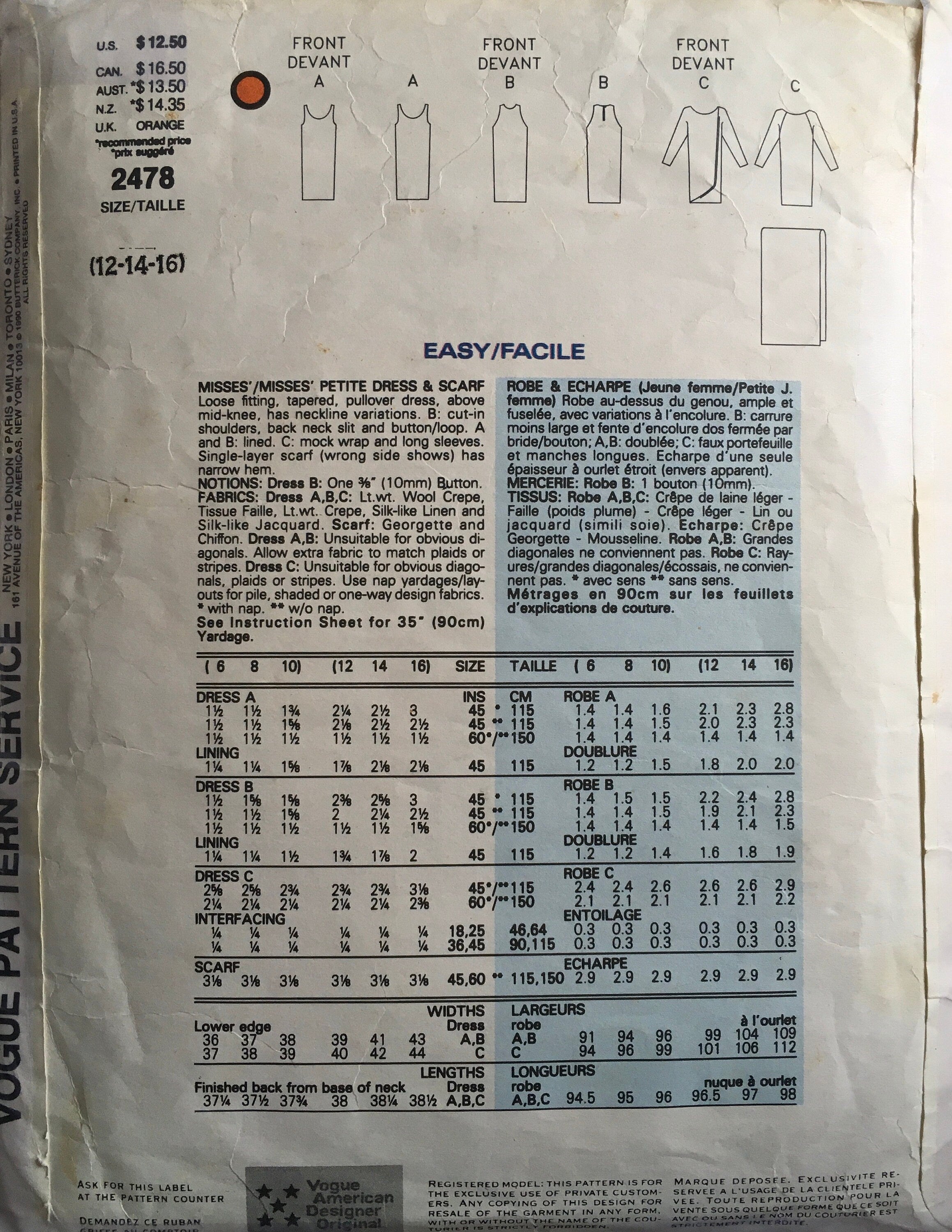 Vogue 2478 Sewing Pattern (Vintage) CUT