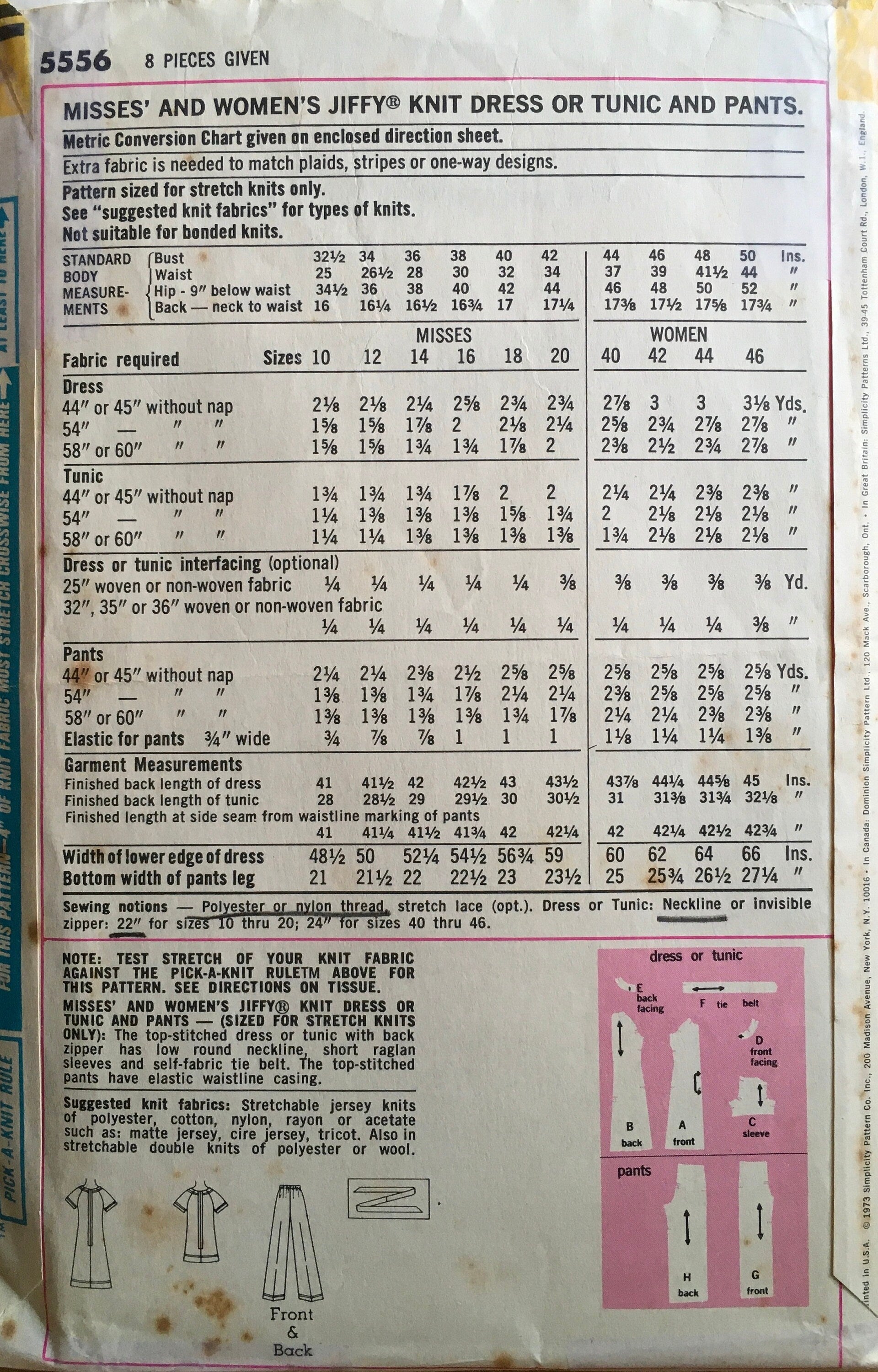 Simplicity 5556 Sewing Pattern (Vintage) CUT