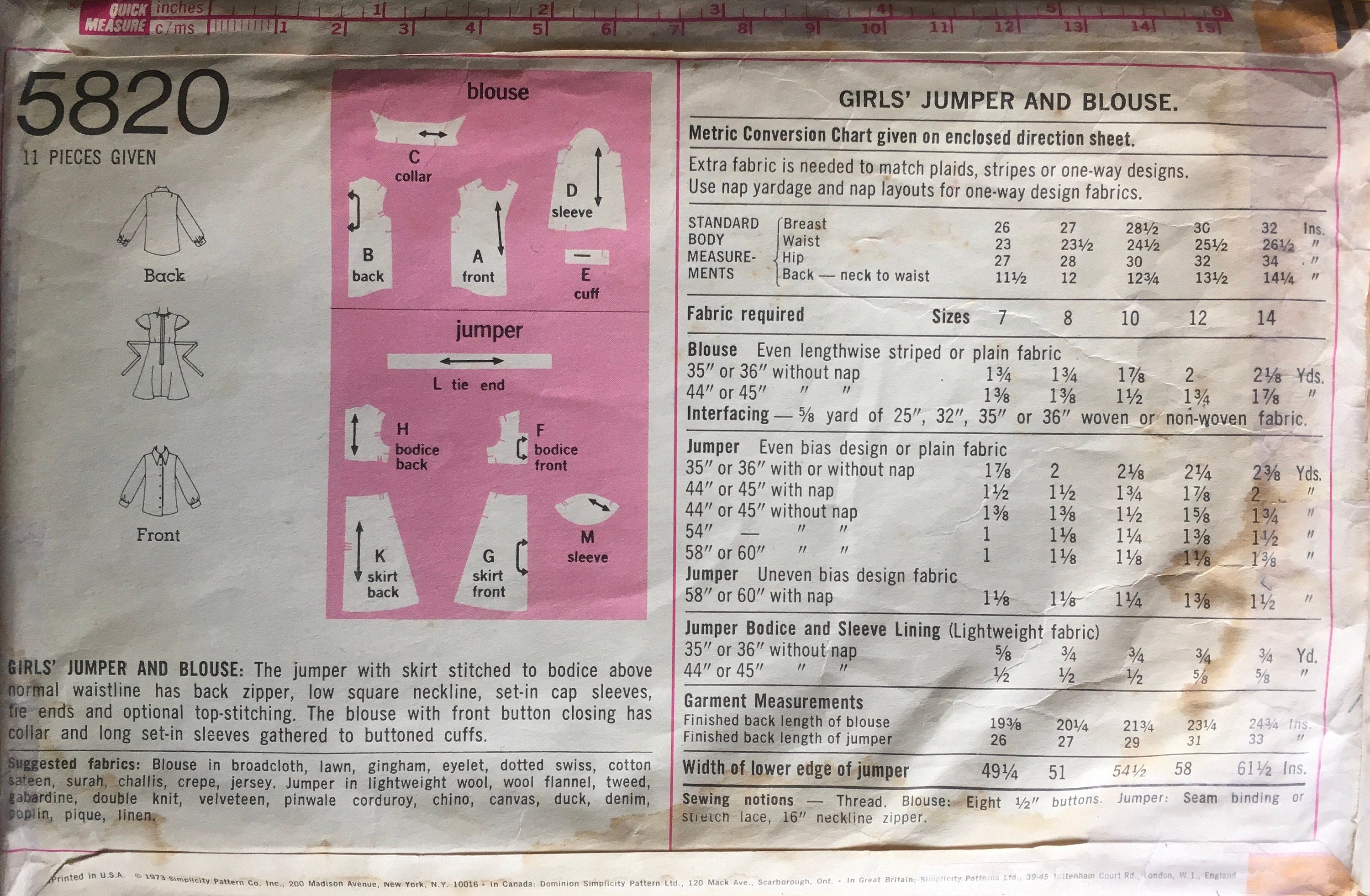 Simplicity 5820 Sewing Pattern (Vintage) CUT