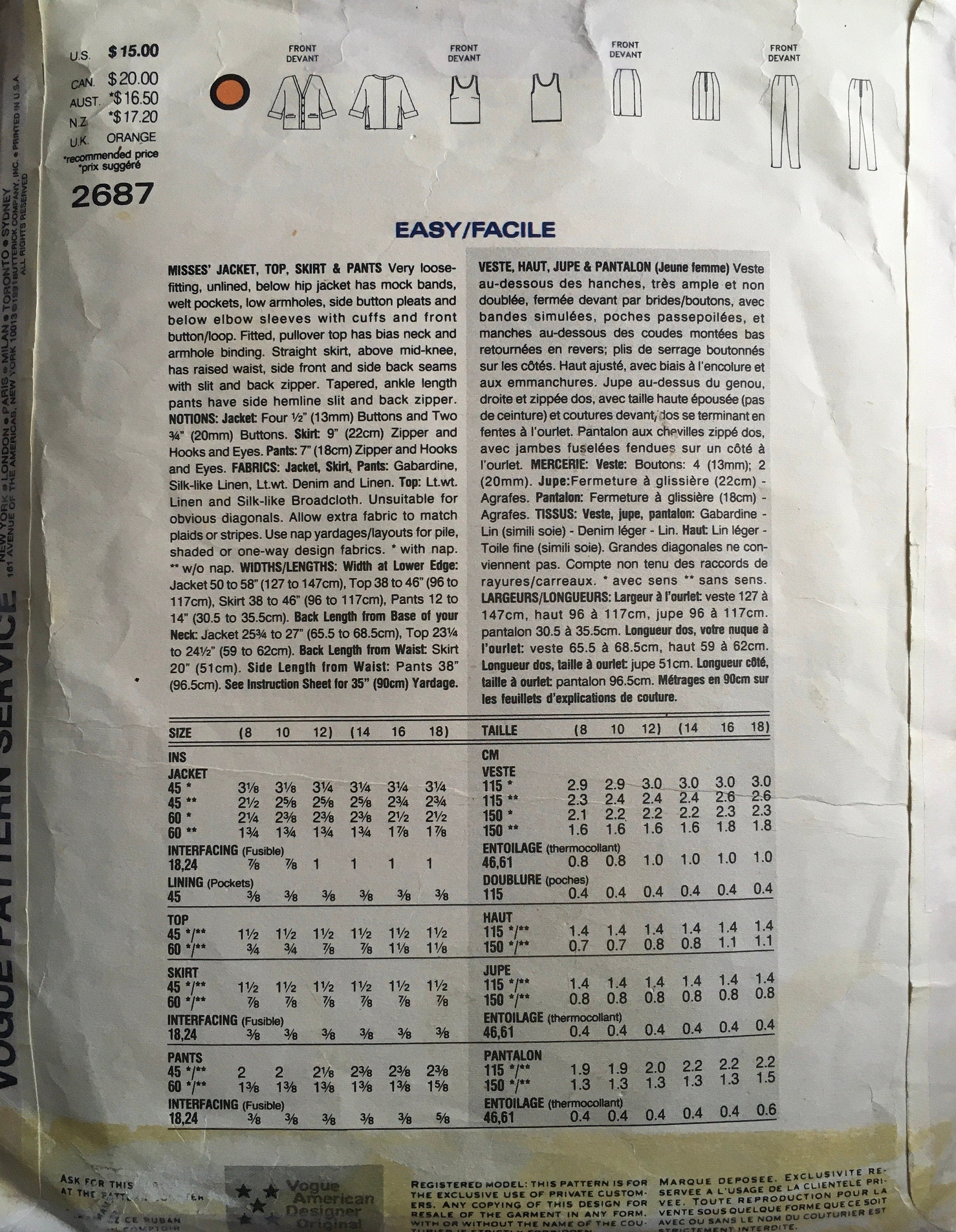Vogue 2687 Sewing Pattern (Vintage) CUT