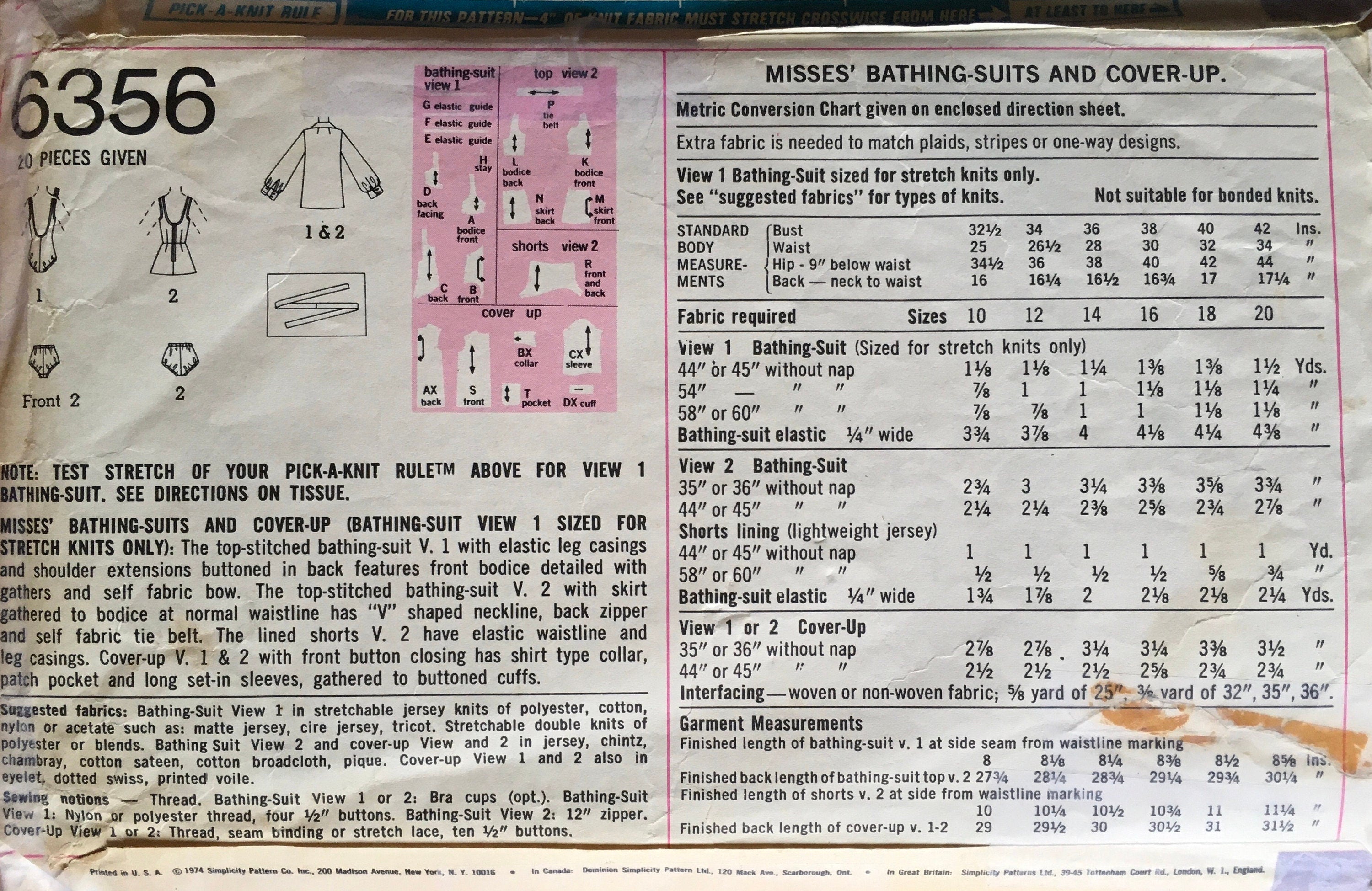 Simplicity 6356 Sewing Pattern (Vintage) CUT